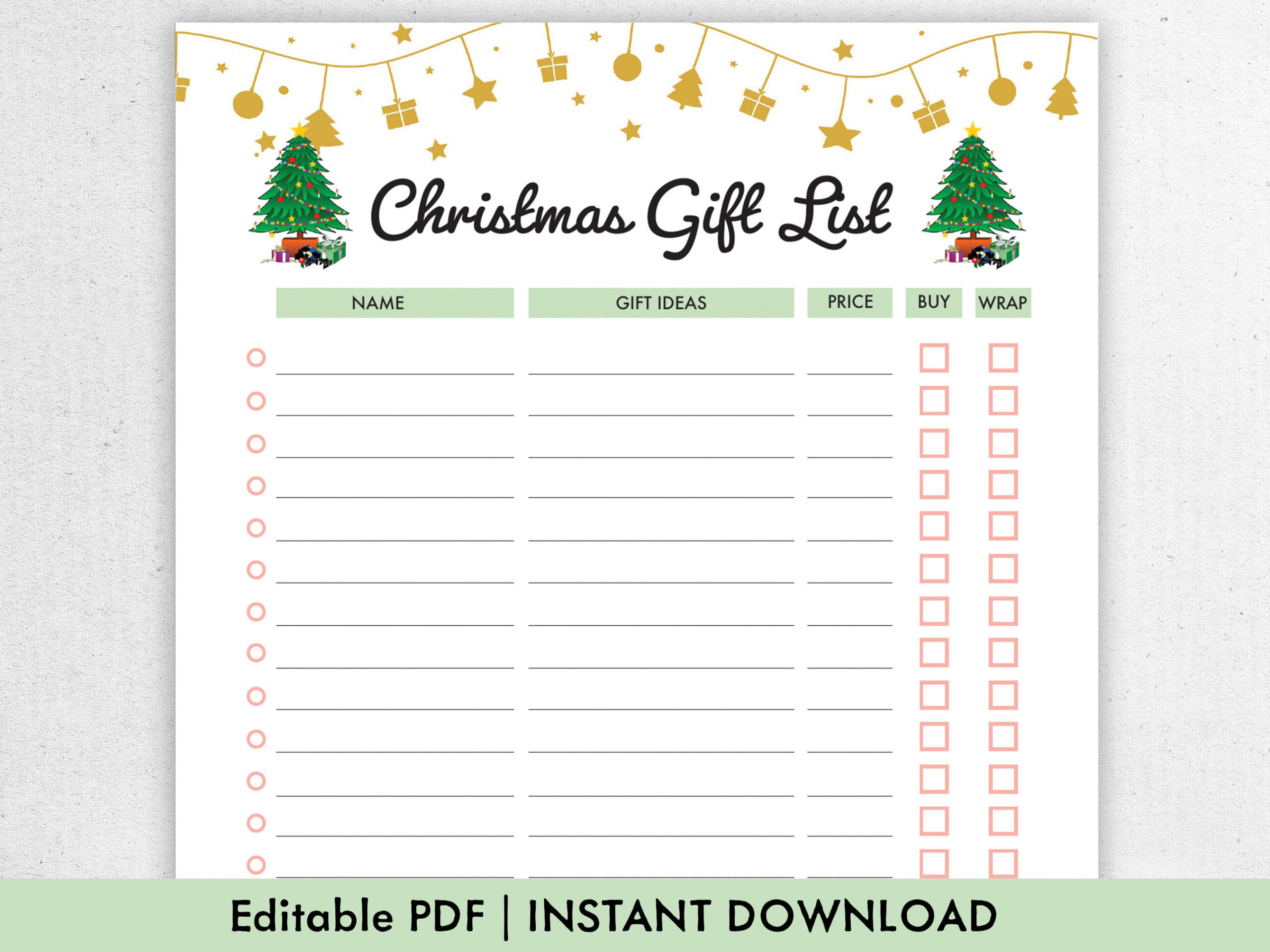 Christmas Gift List Printable | Fillable | Editable Pdf within Christmas Checklist Printable