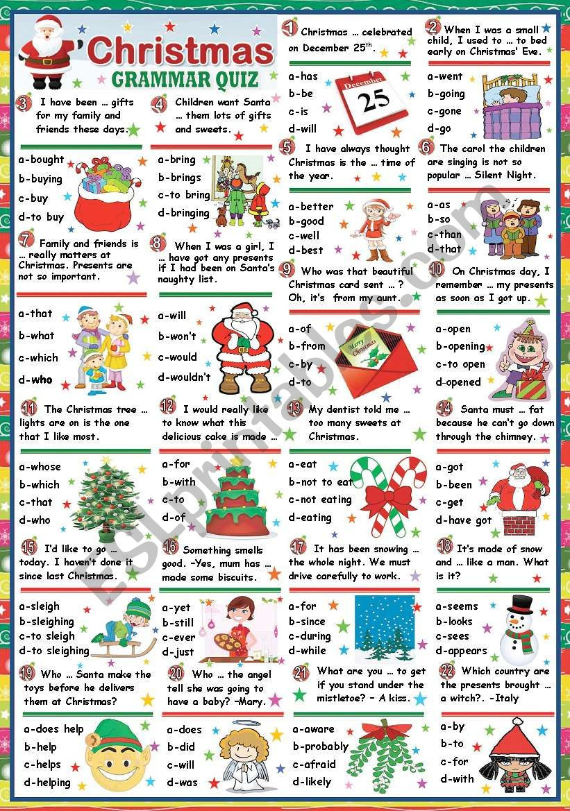 Christmas Grammar Quiz (Key Included) - Esl Worksheetkatiana for Christmas Verbs Worksheets