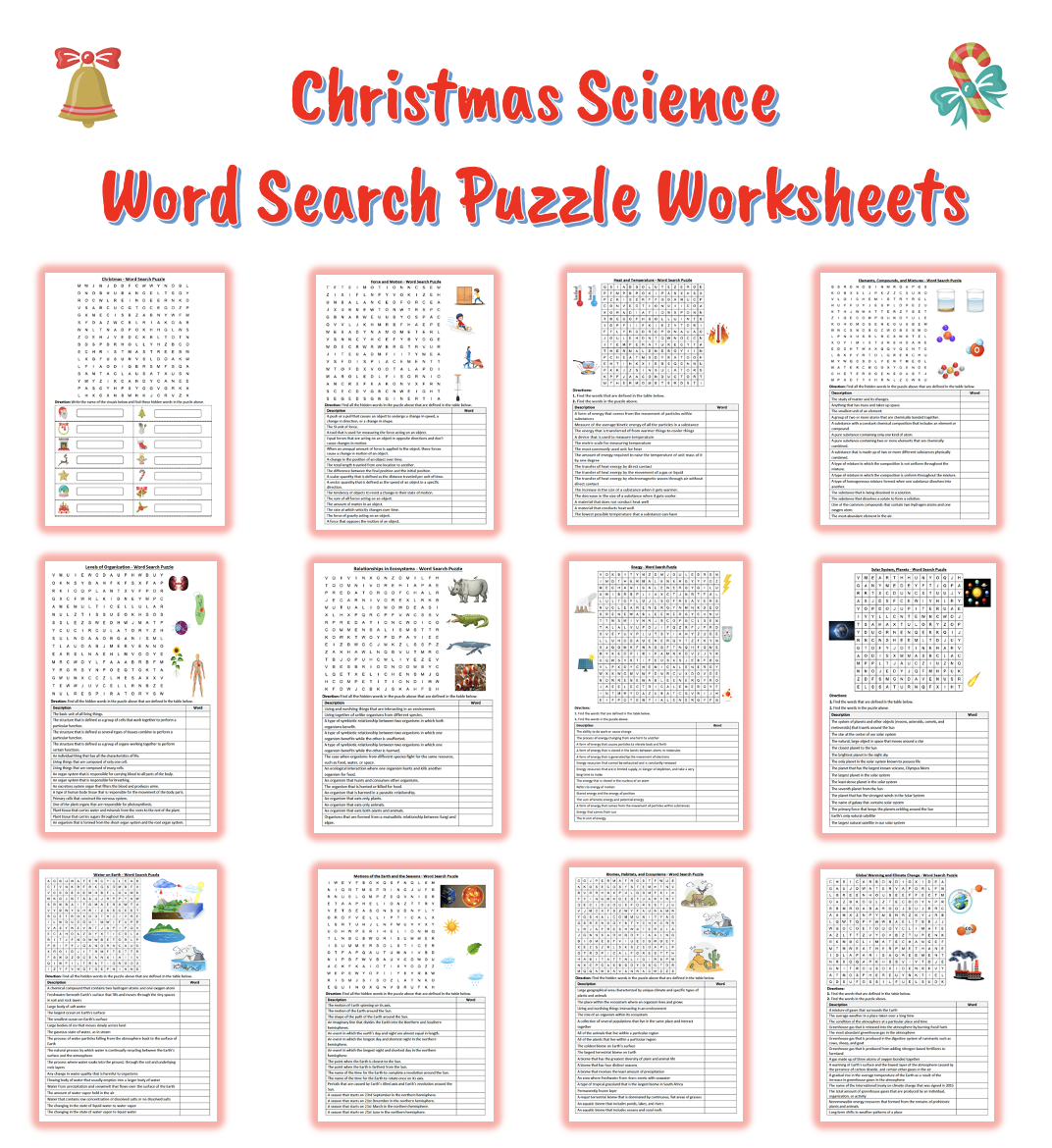 Christmas Holiday Science Word Search Puzzle Worksheets Bundle pertaining to Christmas Science Word Search