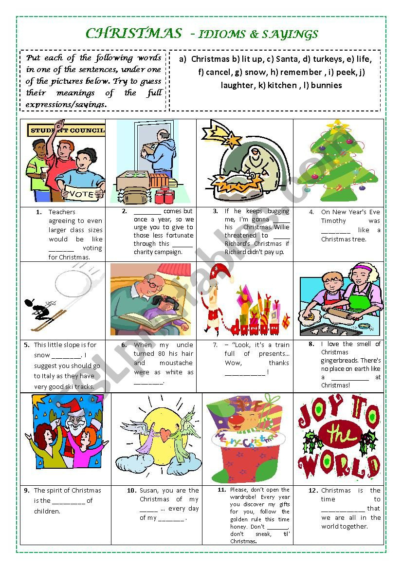 Christmas - Idioms & Sayings (With Key And Explanations) - Esl for Christmas Idioms Worksheet