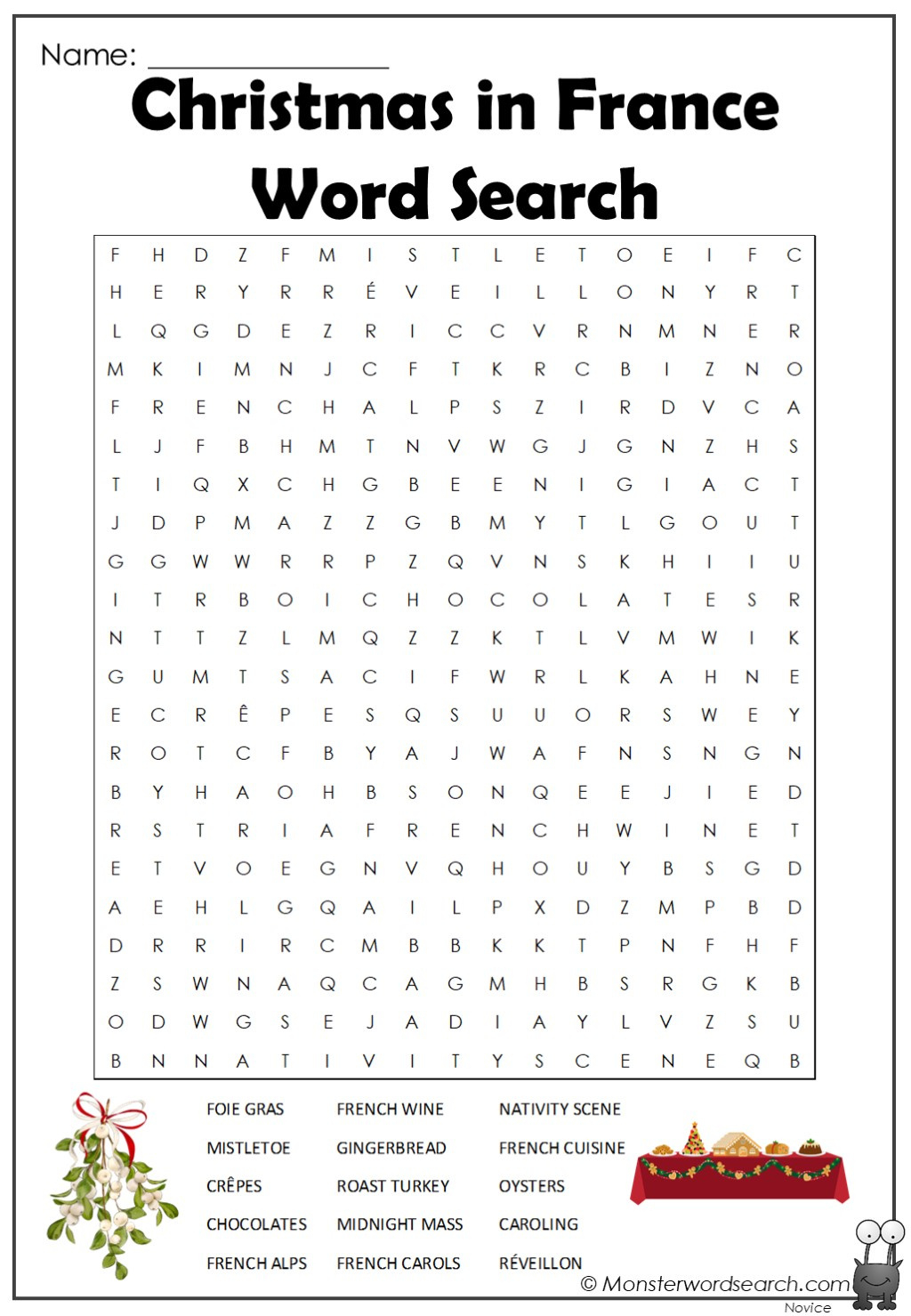 Christmas In France Word Search - Monster Word Search in Christmas Word Search in French