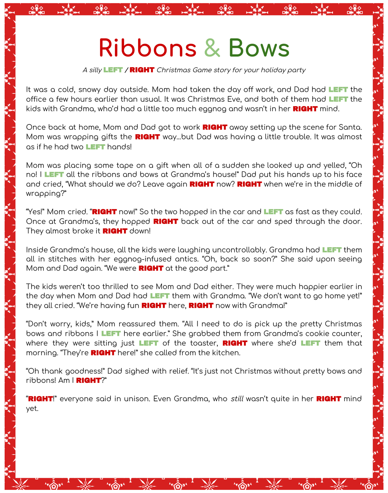 Christmas Left Right Story Printable in Left Right Christmas Game Printable For Kids