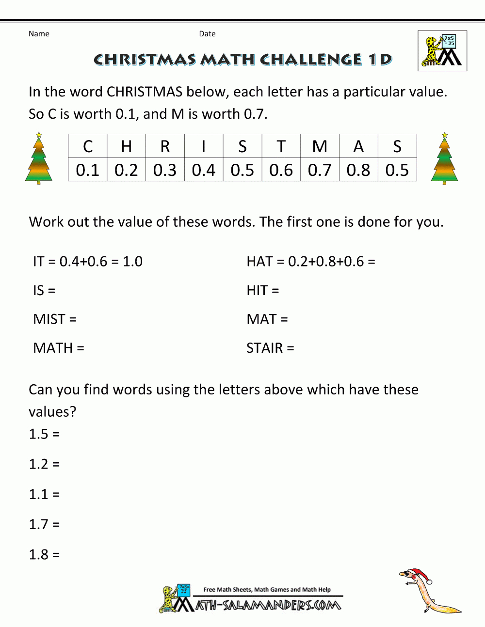 Christmas Math Worksheets (Harder) for Christmas Math Worksheets 8Th Grade