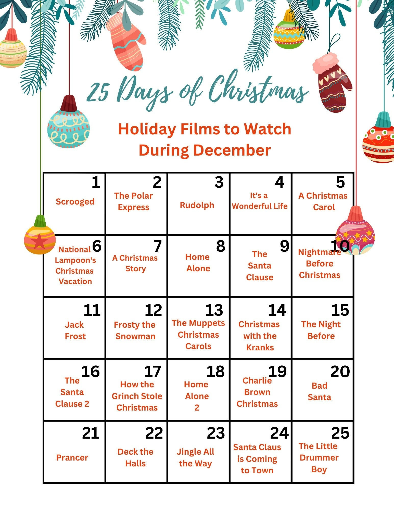 Christmas Movie List, 25 Days Of Holiday Films (Pdf Printable with regard to 25 Days Of Christmas Printable