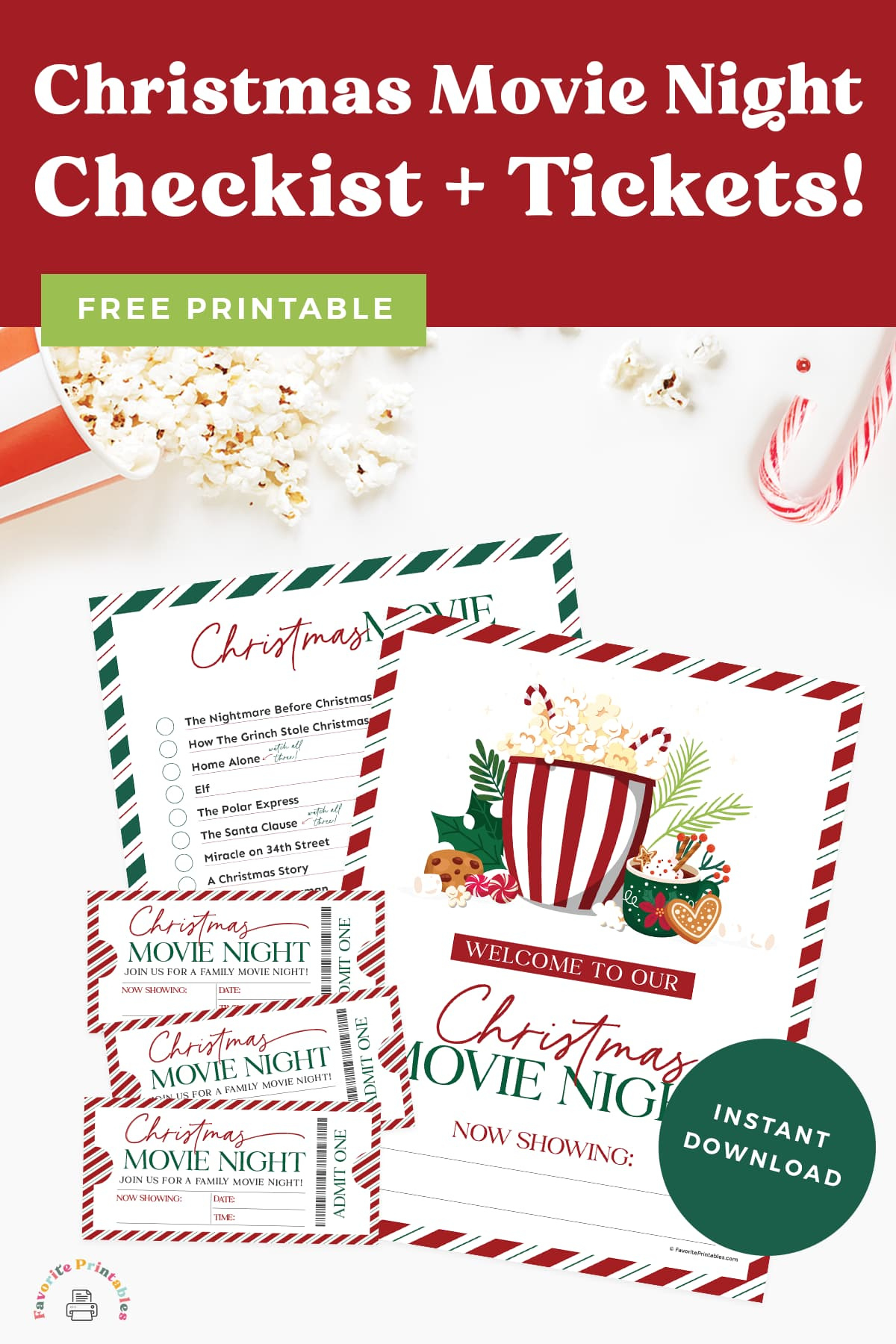 Christmas Movie Night Tickets And Checklist, Free Printable Set intended for Christmas Movie Night Printable