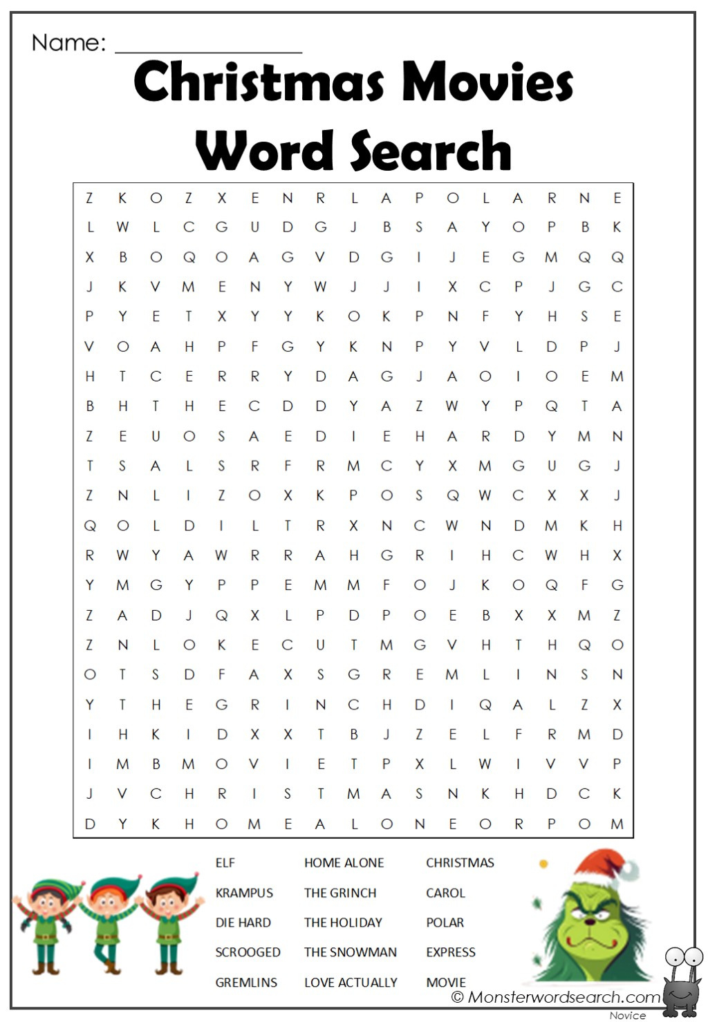 Christmas Movies Word Search - Monster Word Search - Worksheets pertaining to Christmas Movie Word Search Printable