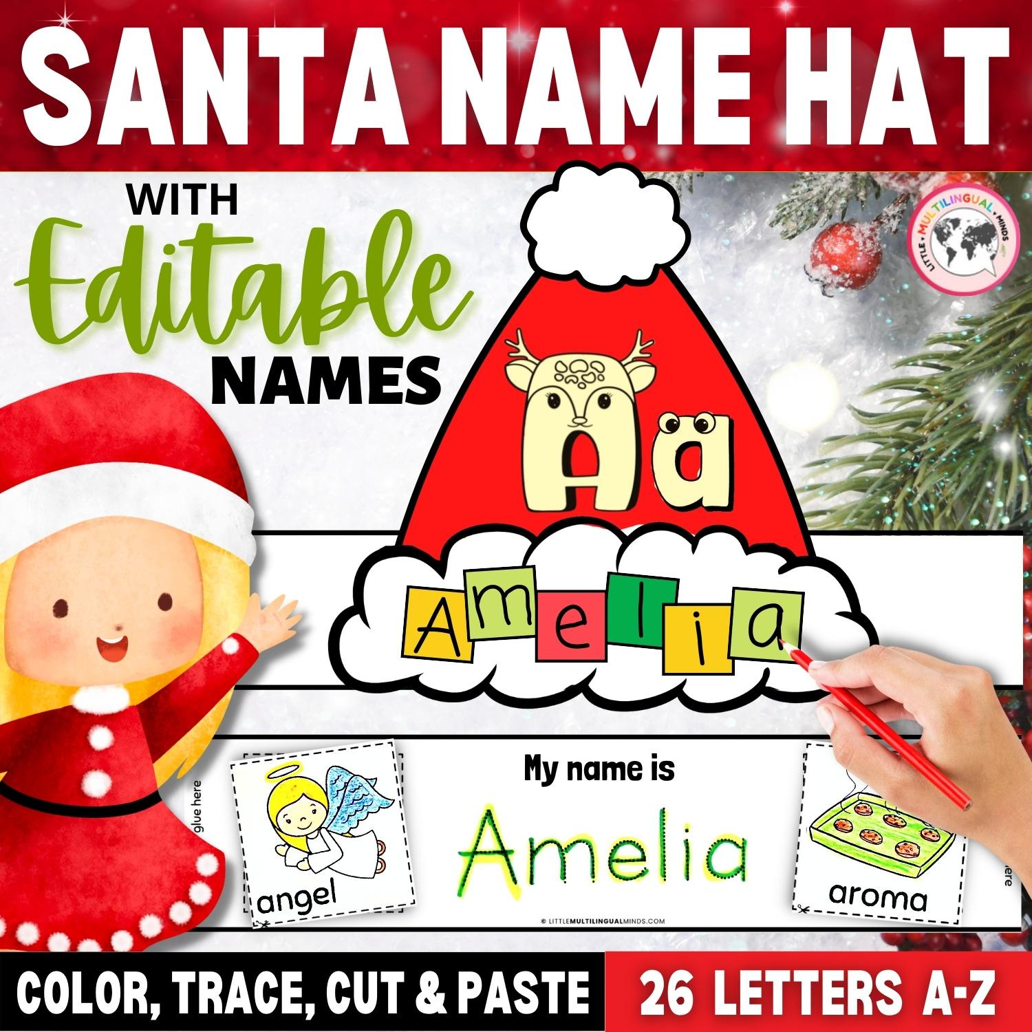 Christmas Name Craft: Name Tracing Editable, Santa Name Hat | Made inside Santa Claus Hat and Name Printable