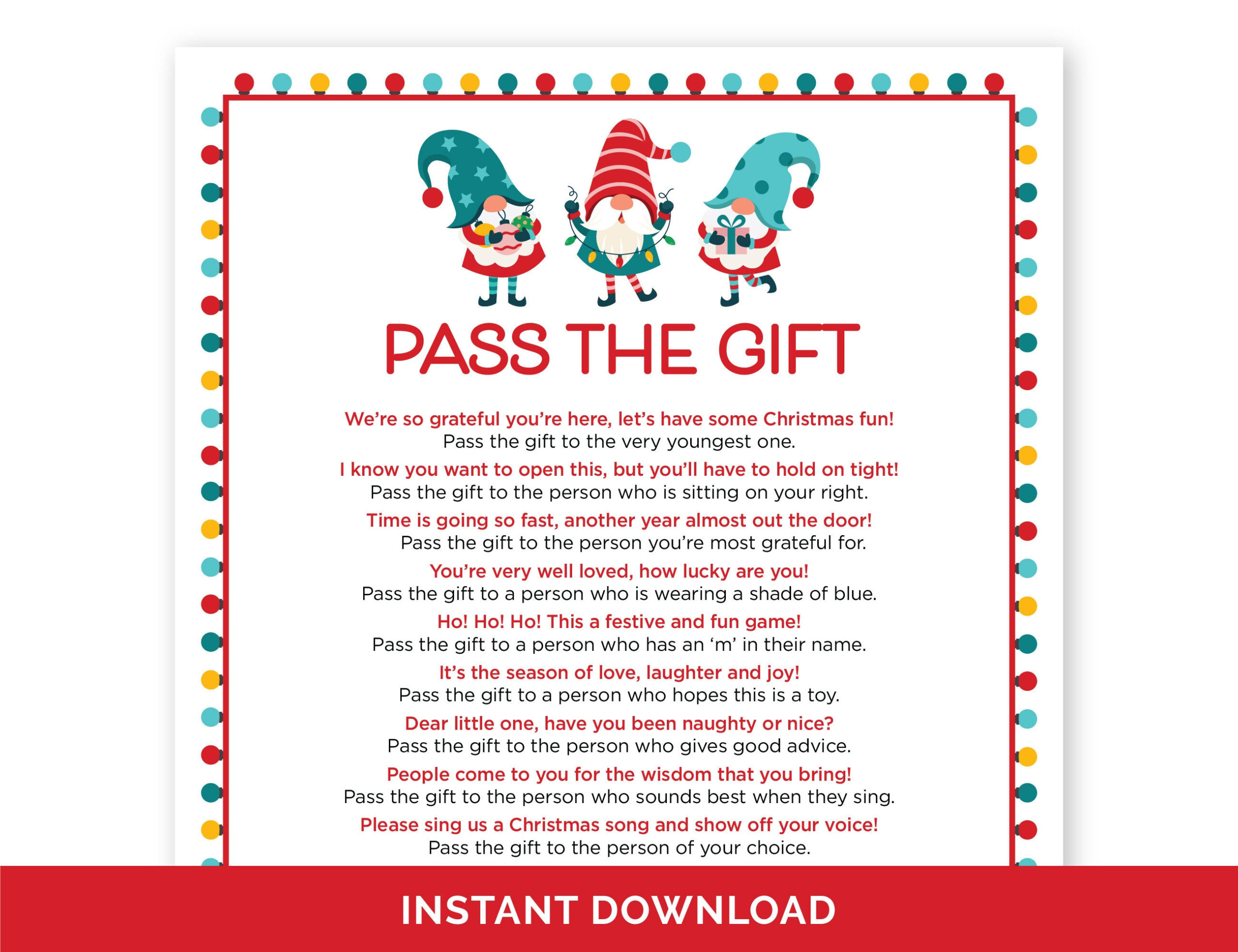 Christmas Pass The Gift Game, Printable Pass The Present Holiday for Christmas Pass The Gift Game Free Printable