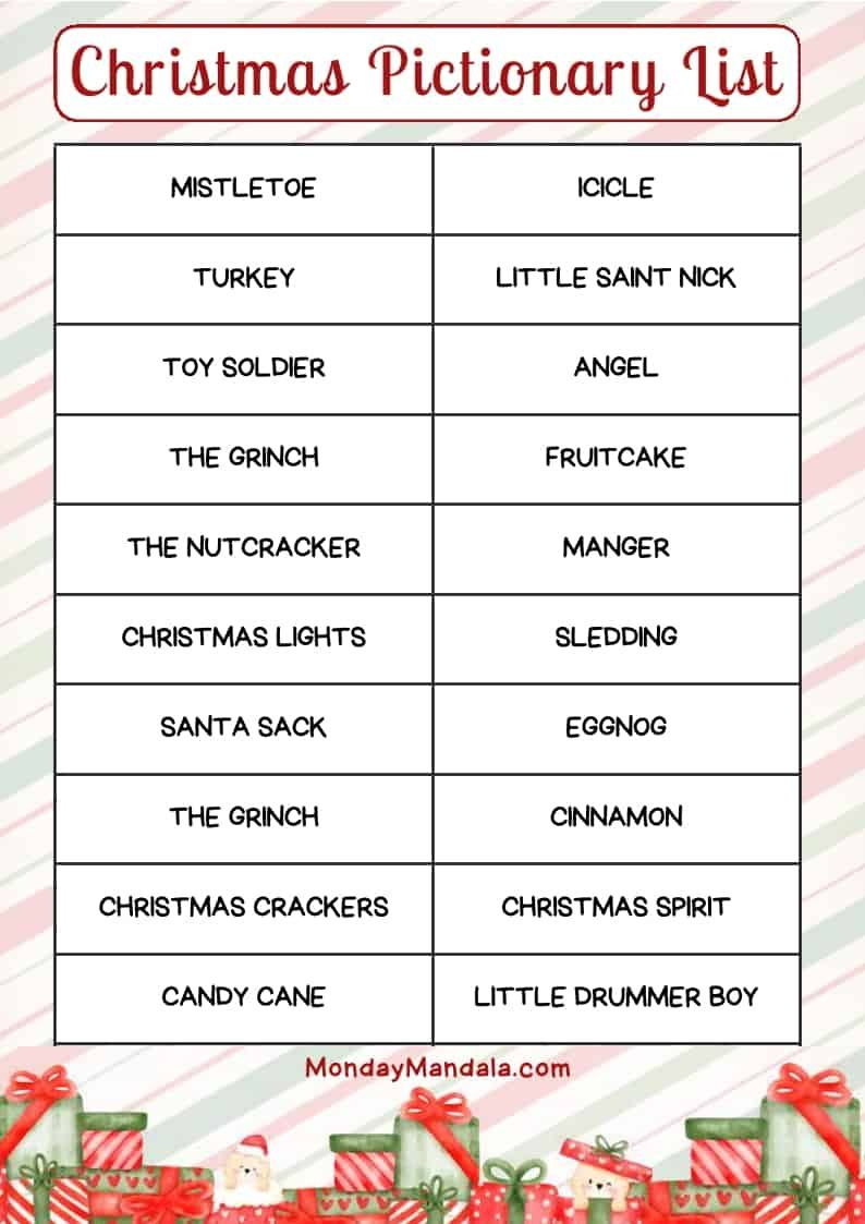Christmas Pictionary Lists (Free Pdf Printables) intended for Christmas Pictionary Word List Printable