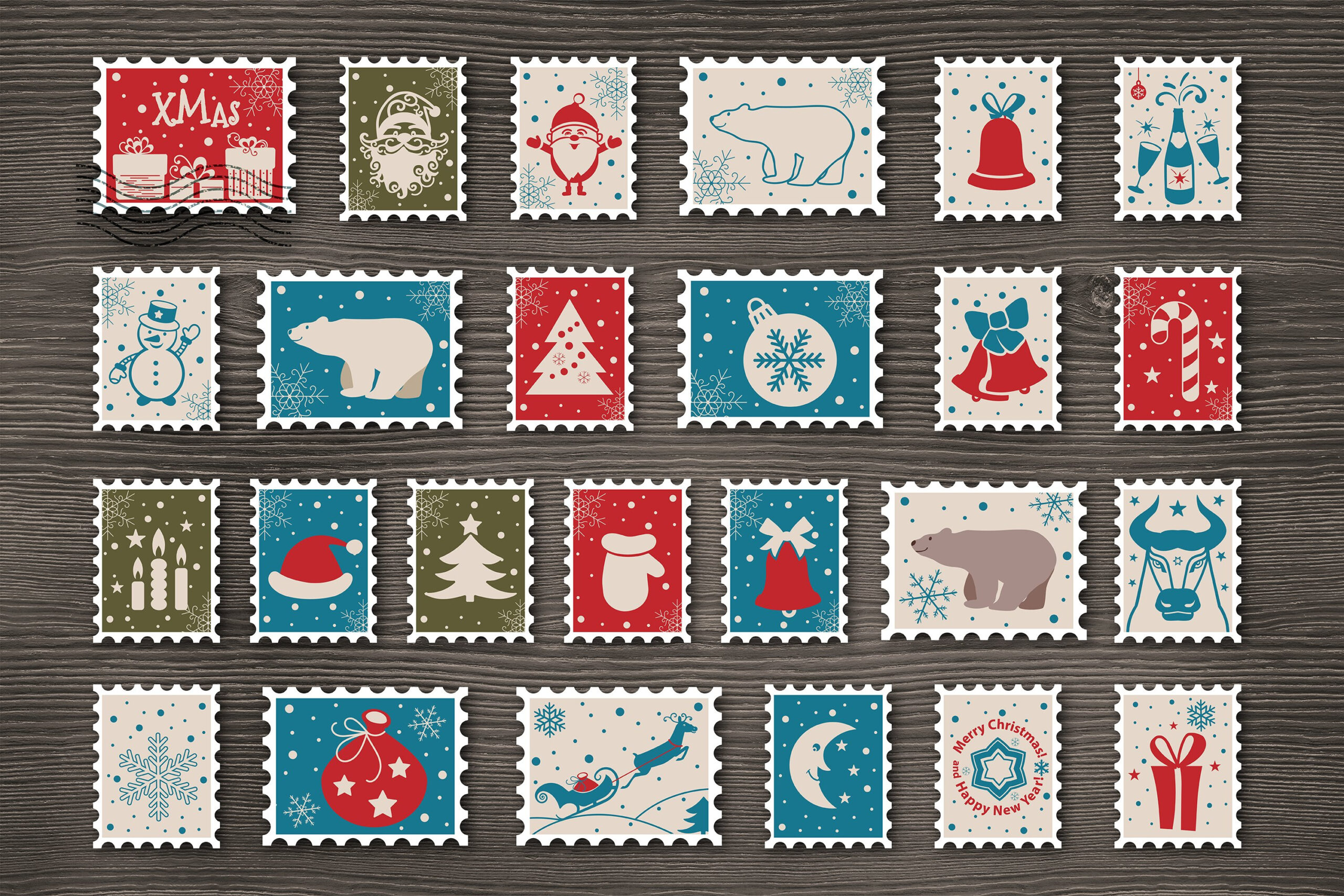 Christmas Postage Stamps With Santa Claus, Snowman, Deer for Printable Christmas Postage Stamps