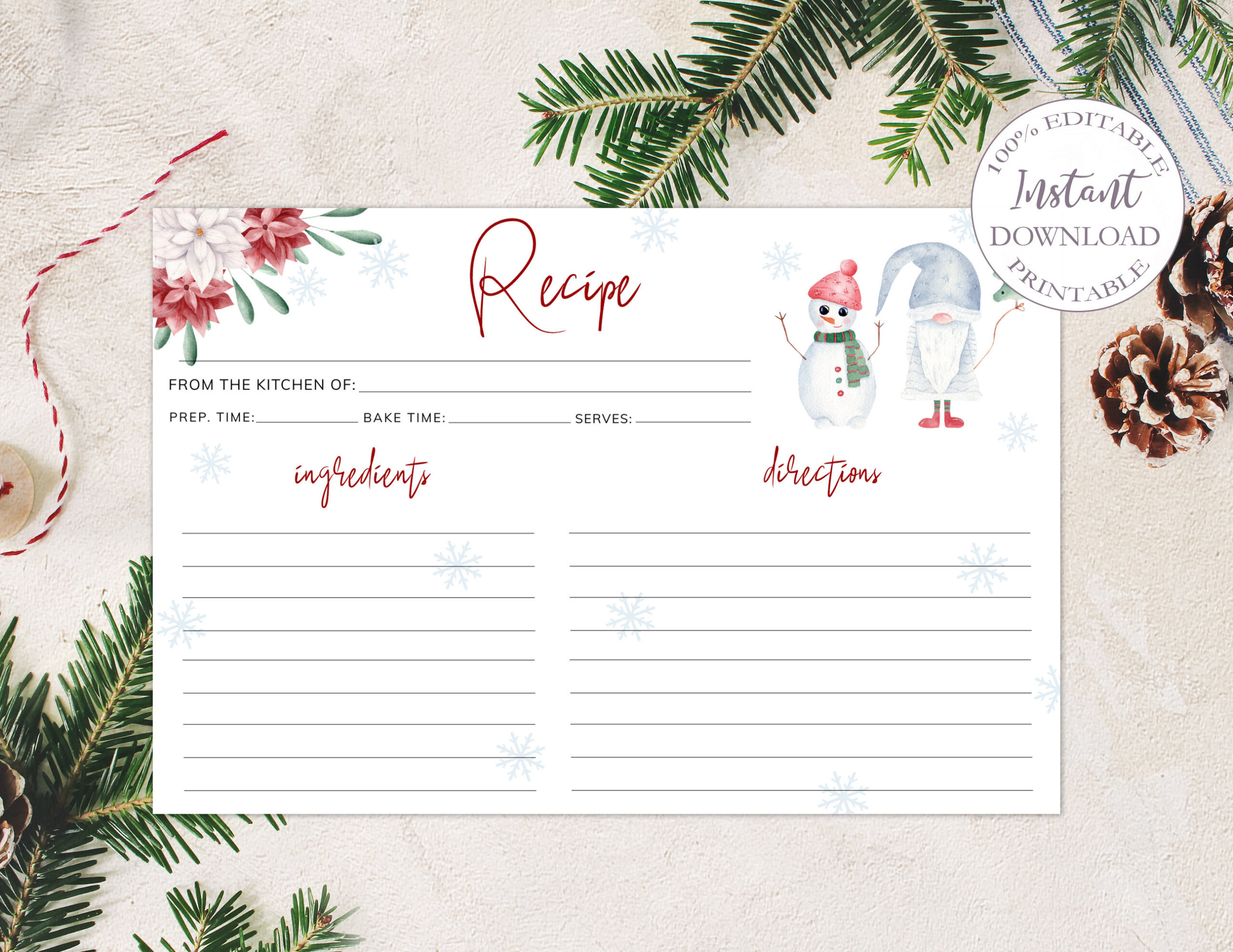 Christmas Recipe Card Printable, 4X6 Recipe Cards Template, Modern in Printable Christmas Recipe Card Template