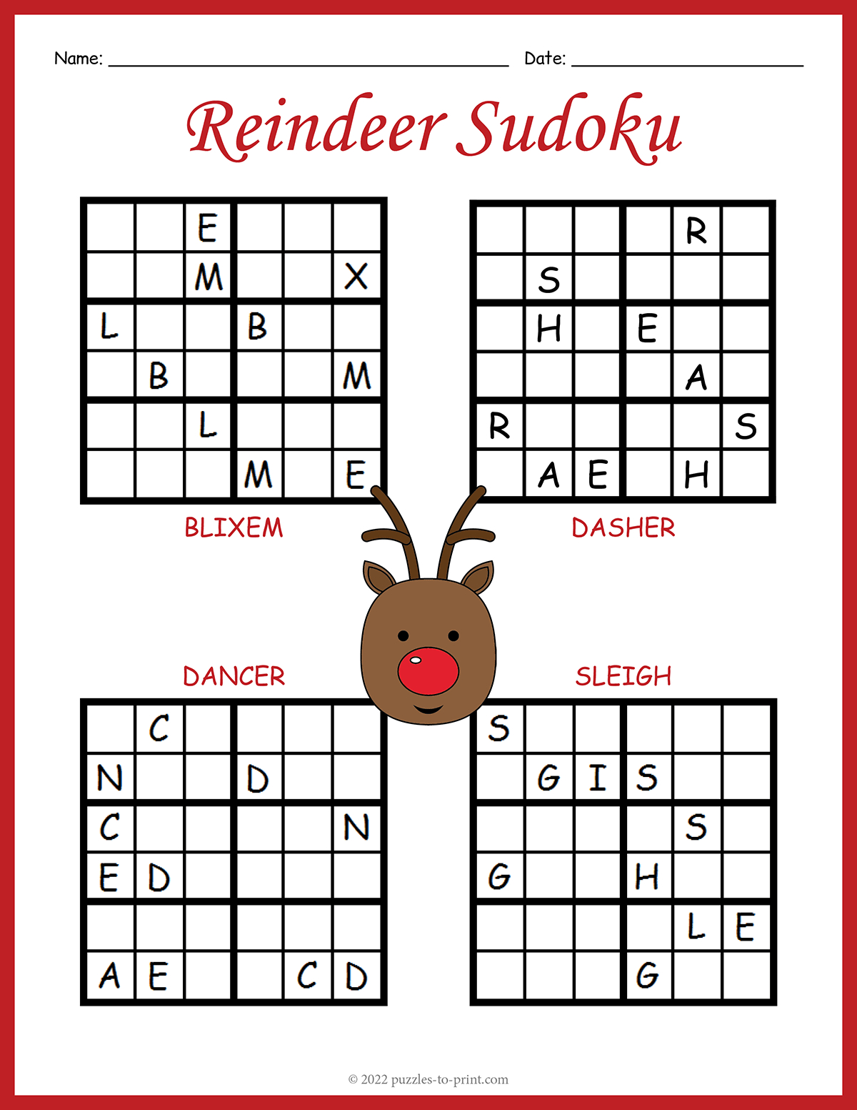 Christmas Reindeer Sudoku pertaining to Christmas Sudoku Worksheet