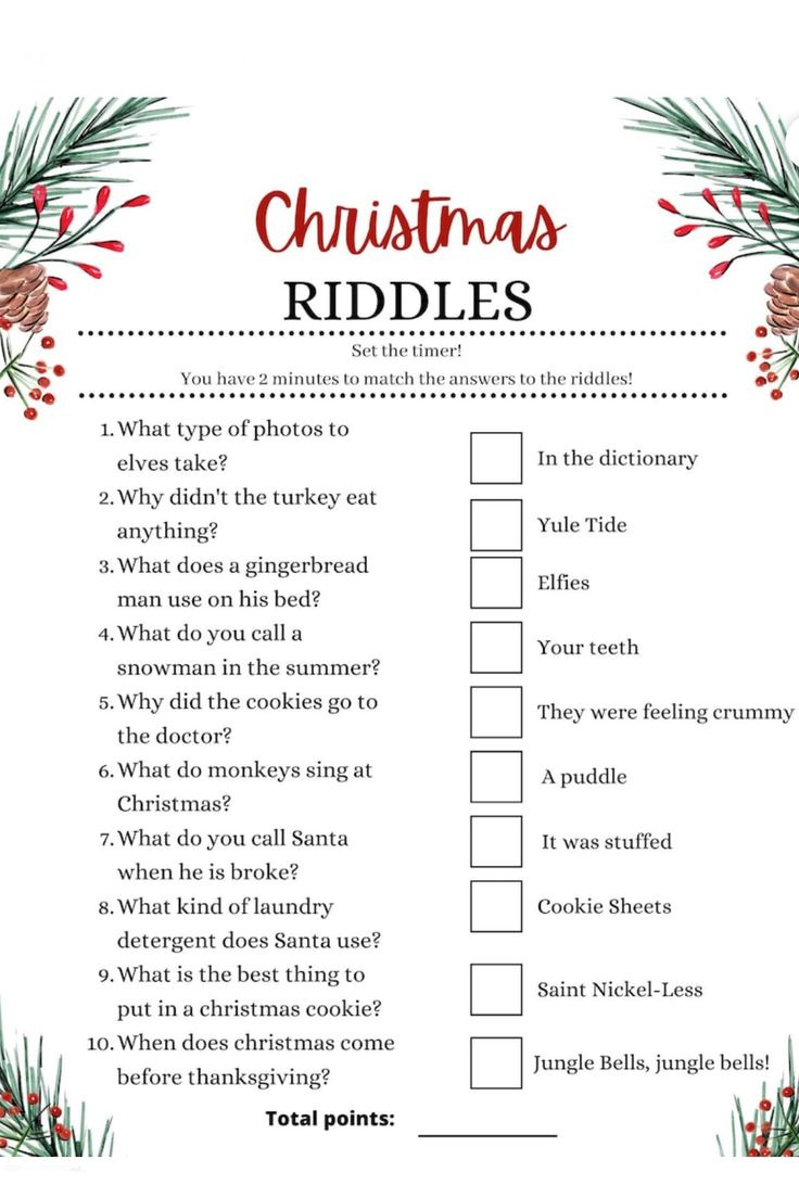 Christmas Riddle Game With Holly Branches And Pine Cones in Christmas Riddles For Adults Printable