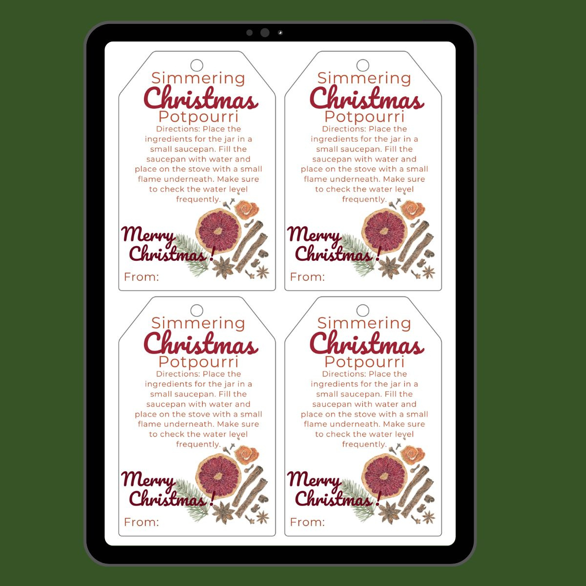 Christmas Simmering Potpourri Gift Tags regarding Free Printable Christmas Potpourri Tags
