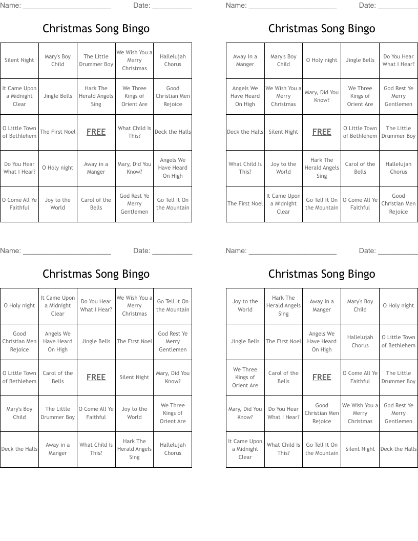 Christmas Song Bingo - Wordmint throughout Christmas Carol Bingo Free Printable