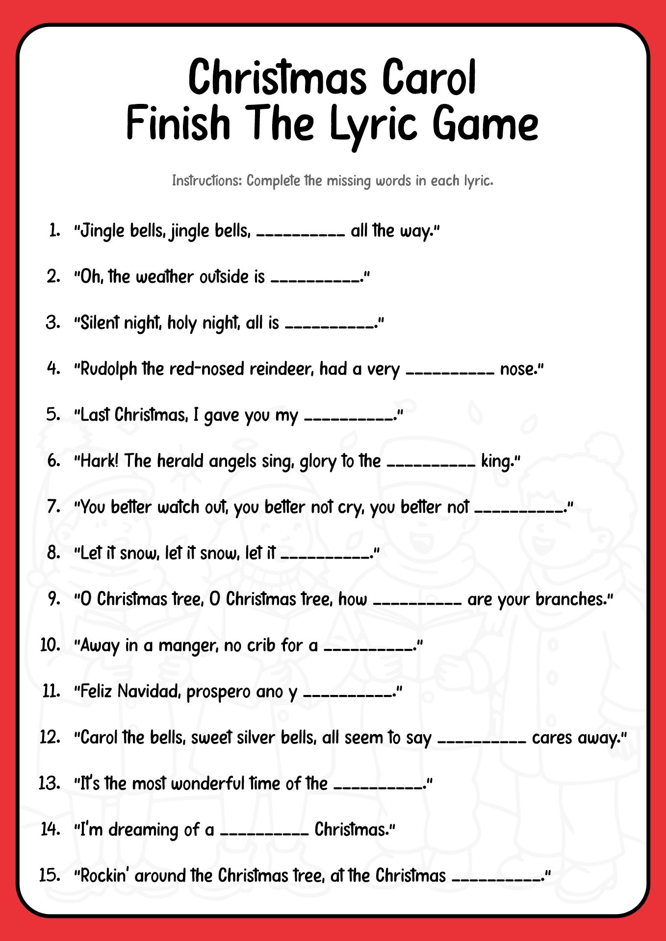 Christmas Song Trivia Game - 15 Free Pdf Printables | Printablee regarding Finish the Christmas Lyrics Quiz Questions and Answers Printable