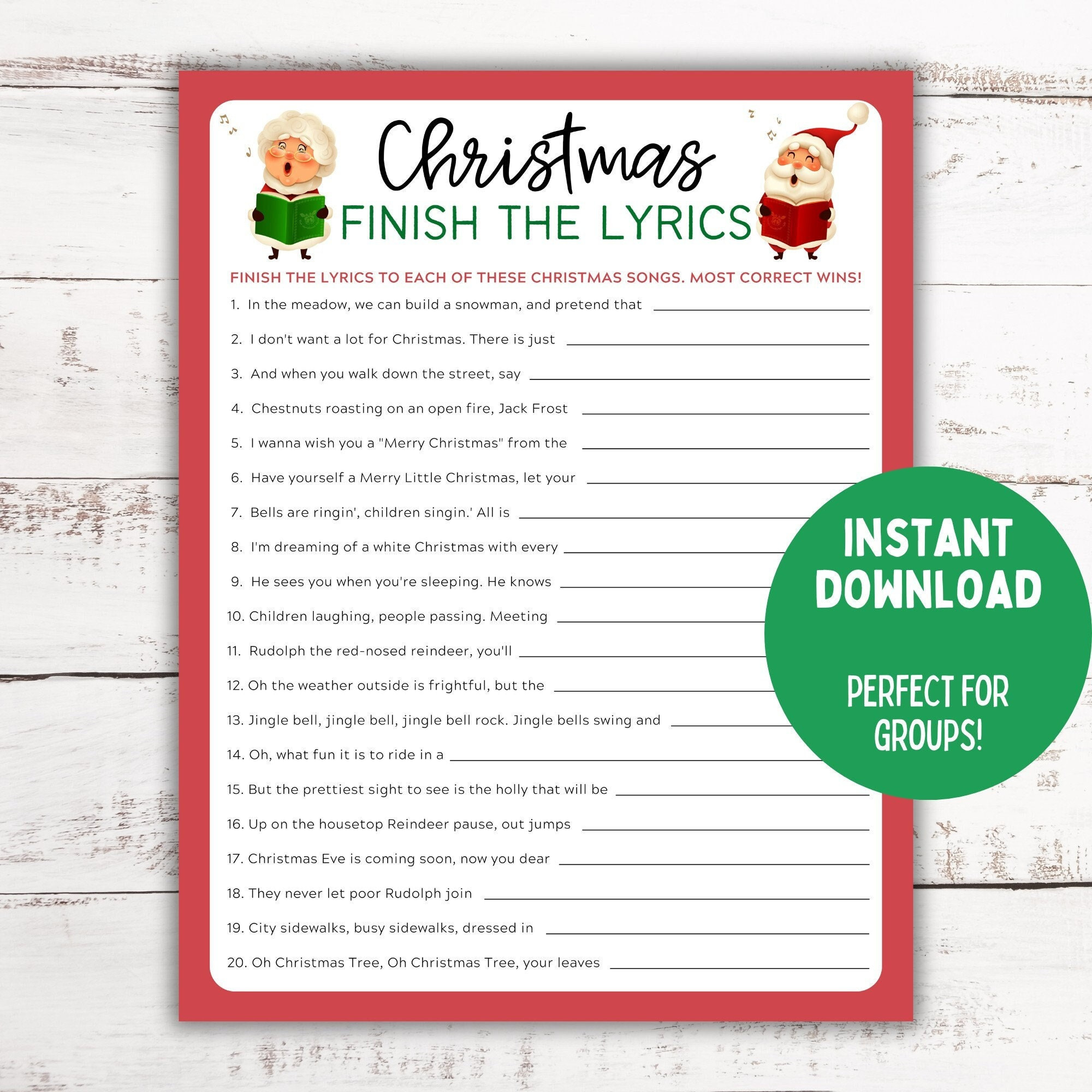 Christmas Song Trivia Game | Finish The Lyrics | Christmas Printable Game | Christmas Family Activity| Christmas Party Game with regard to Christmas Finish The Lyrics Printable
