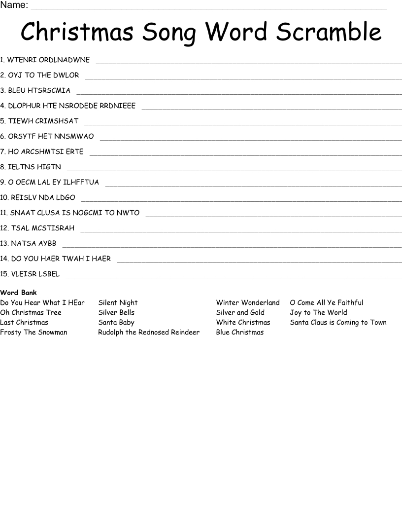 Christmas Song Word Scramble - Wordmint in Christmas Song Word Scramble Printable