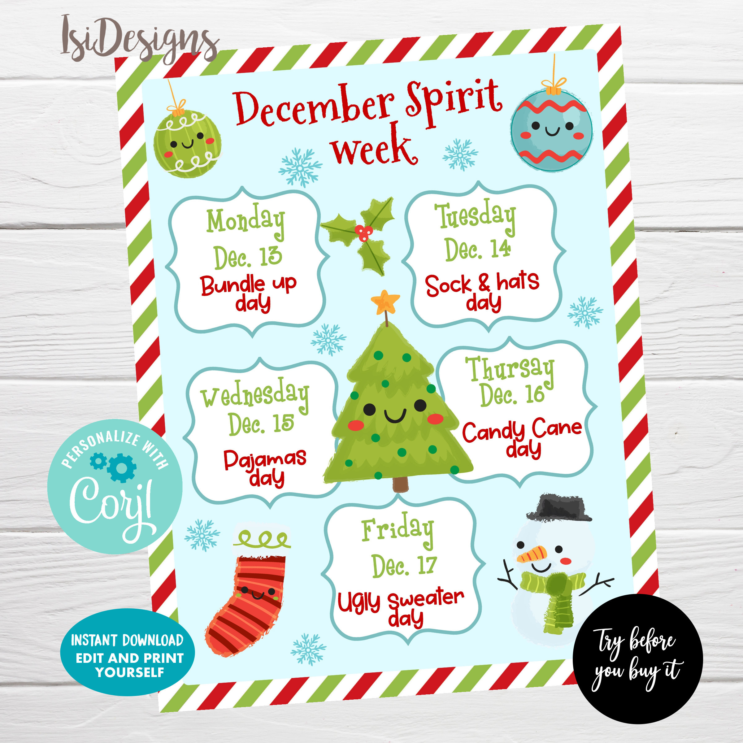 Christmas Spirit Week Planner, Editable Week Schedule, Winter in Christmas Spirit Week Templates
