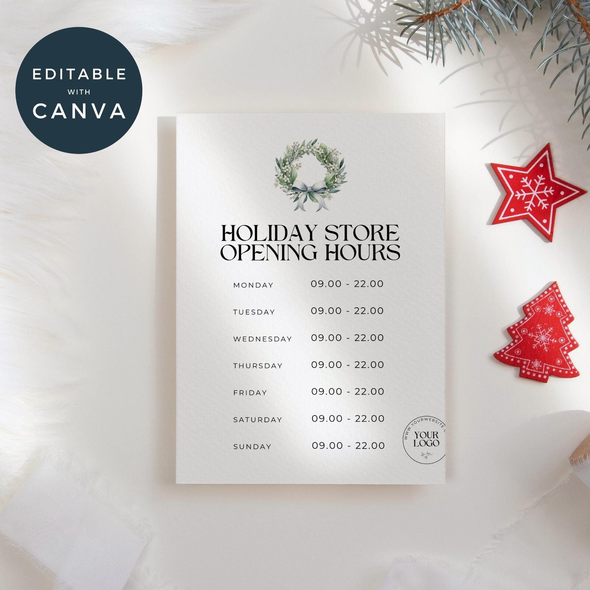 Christmas Store Hours Template, Holiday Opening Schedule Sign inside Christmas Holiday Hours Template