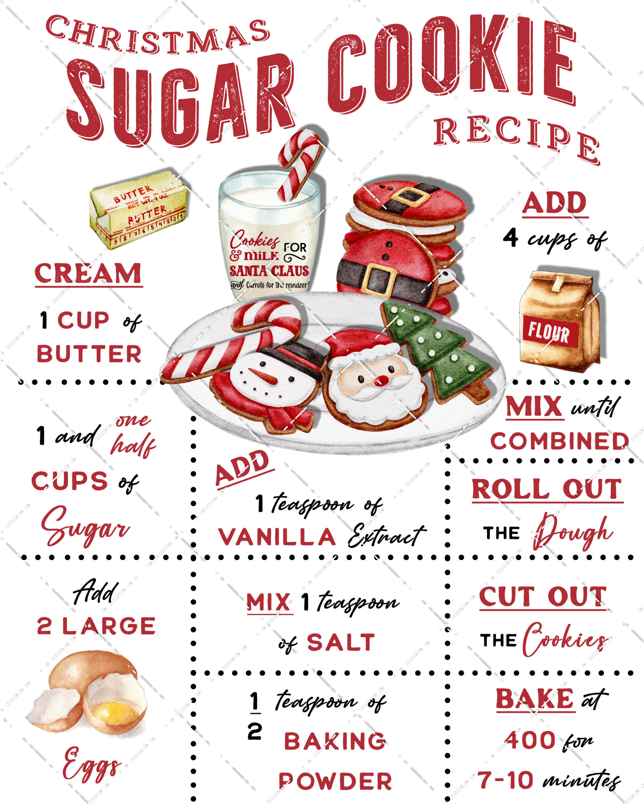 Christmas Sugar Cookie Recipe Digital Print Cookies And Milk Diy within Printable Christmas Cookie Recipes