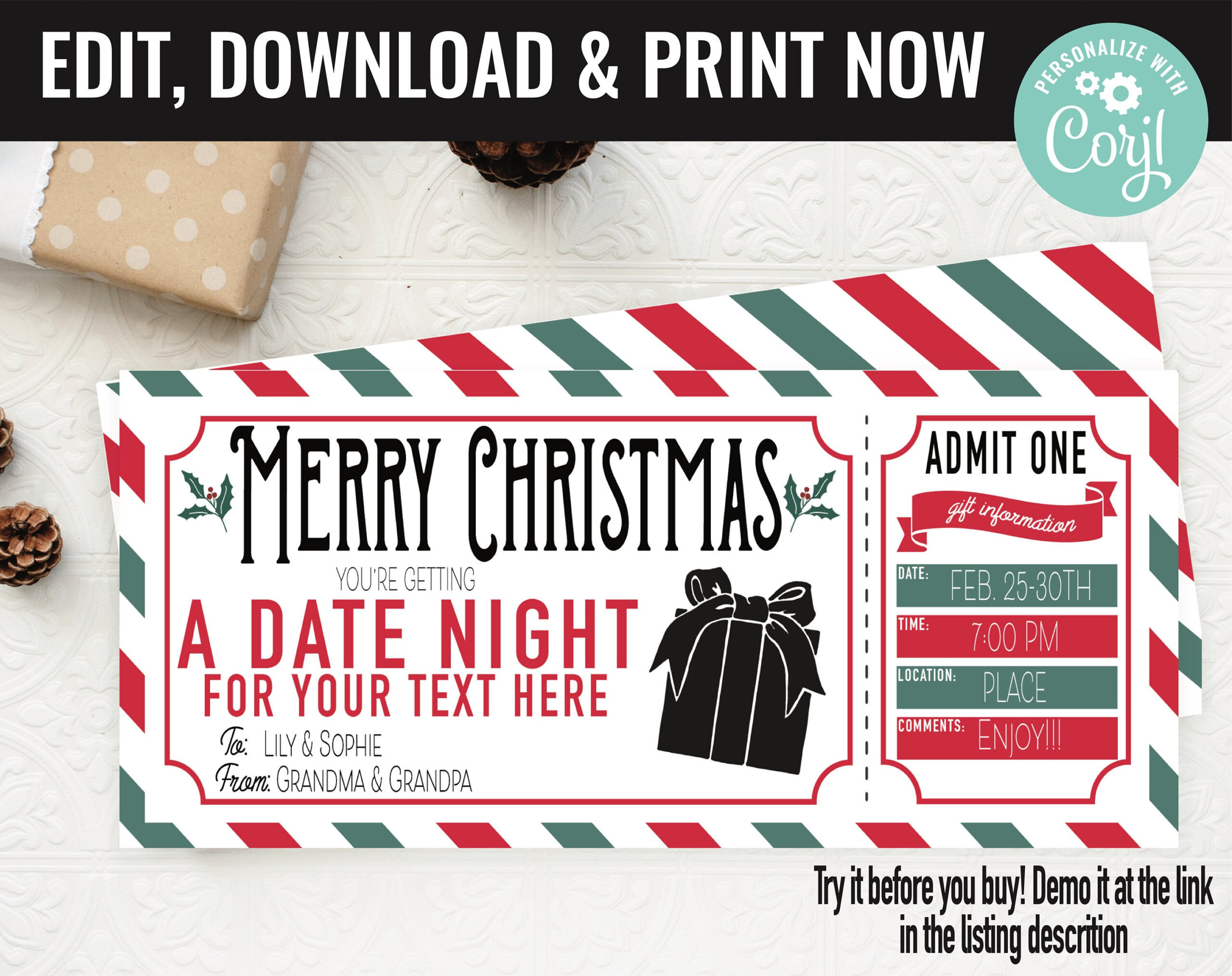 Christmas Surprise Date Night Out Gift Voucher, Date Night Out inside Printable Gift Vouchers For Christmas