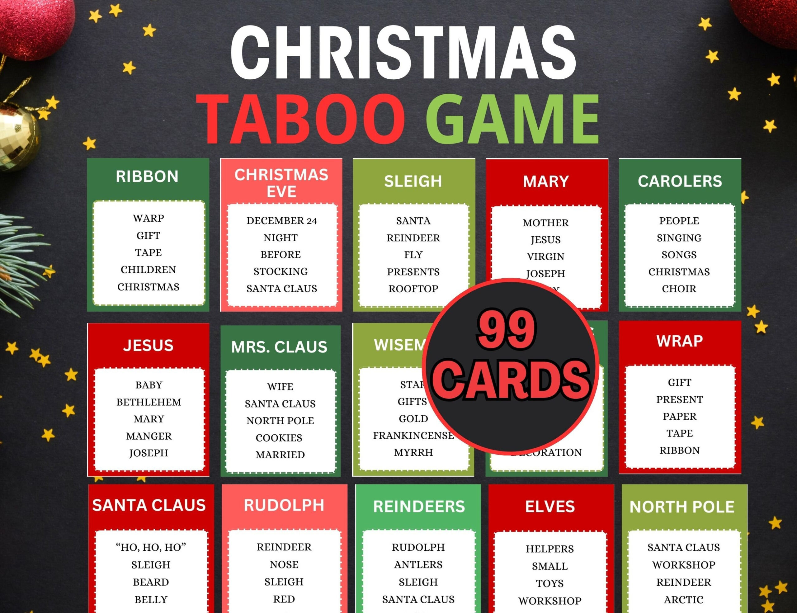 Christmas Taboo Game, Forbidden Words Christmas Game, Taboo Cards  Printable, Christmas Game Adults Family Christmas Party Game, Group Game within Christmas Password Game Printable