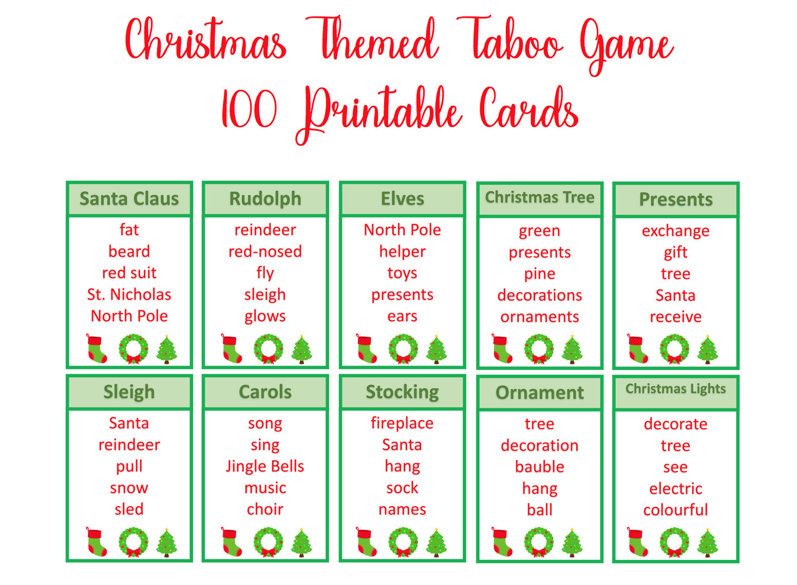 Christmas Taboo Game, Unspeakable Game, Christmas Printable with Christmas Taboo Game Printable