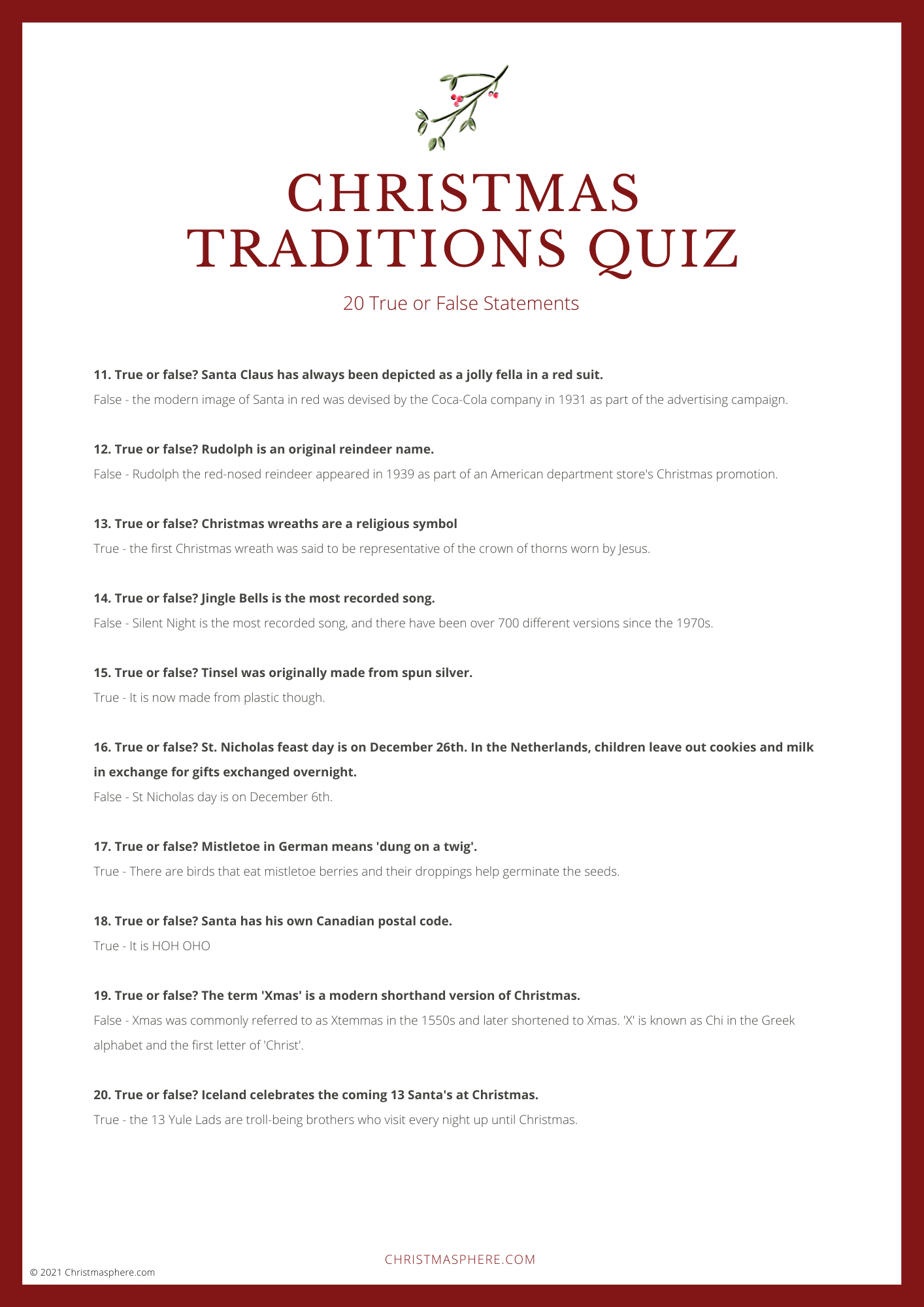 Christmas Traditions Quiz: True Or False Christmas Quiz within Christmas True Or False Quiz Printable