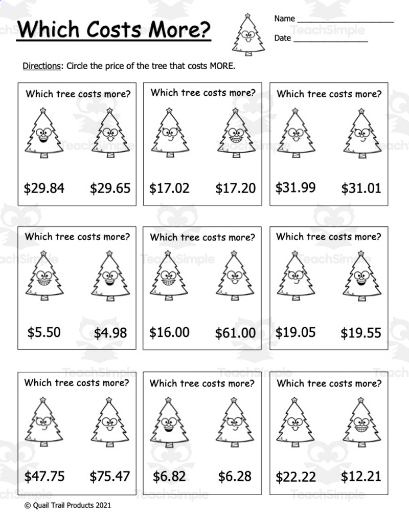 Christmas Tree Money Worksheets throughout Christmas Money Math Worksheets