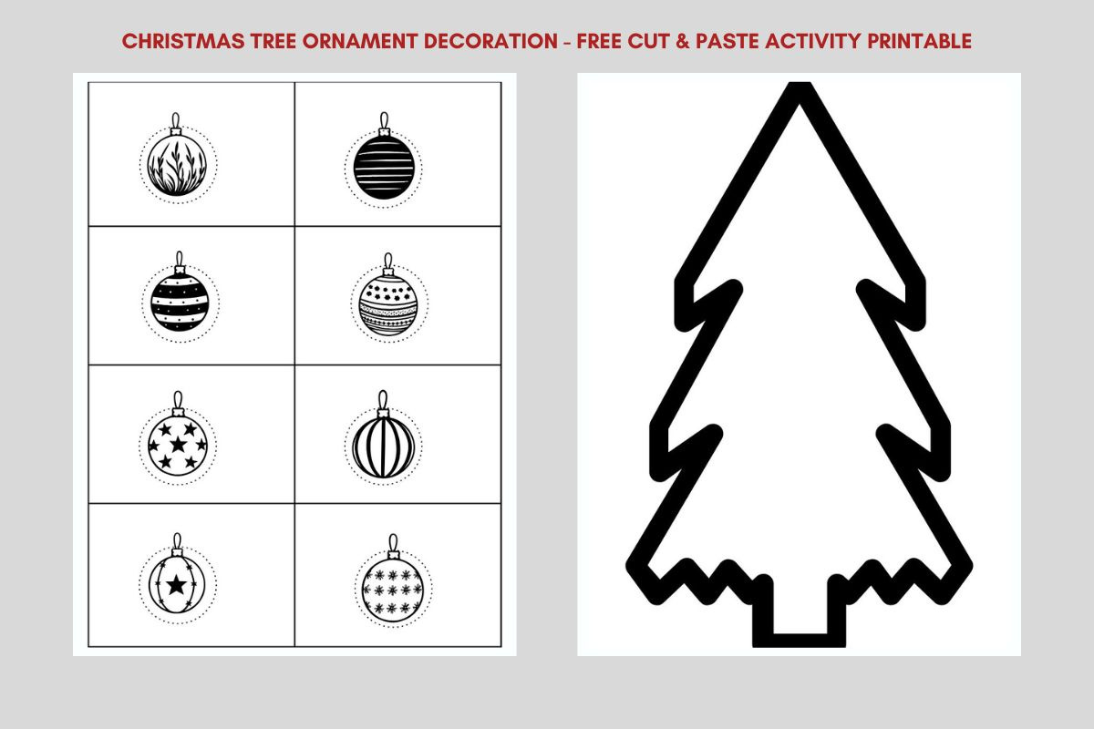 Christmas Tree & Ornaments Color Cut & Paste Free Printable throughout Free Christmas Cut and Paste Worksheets