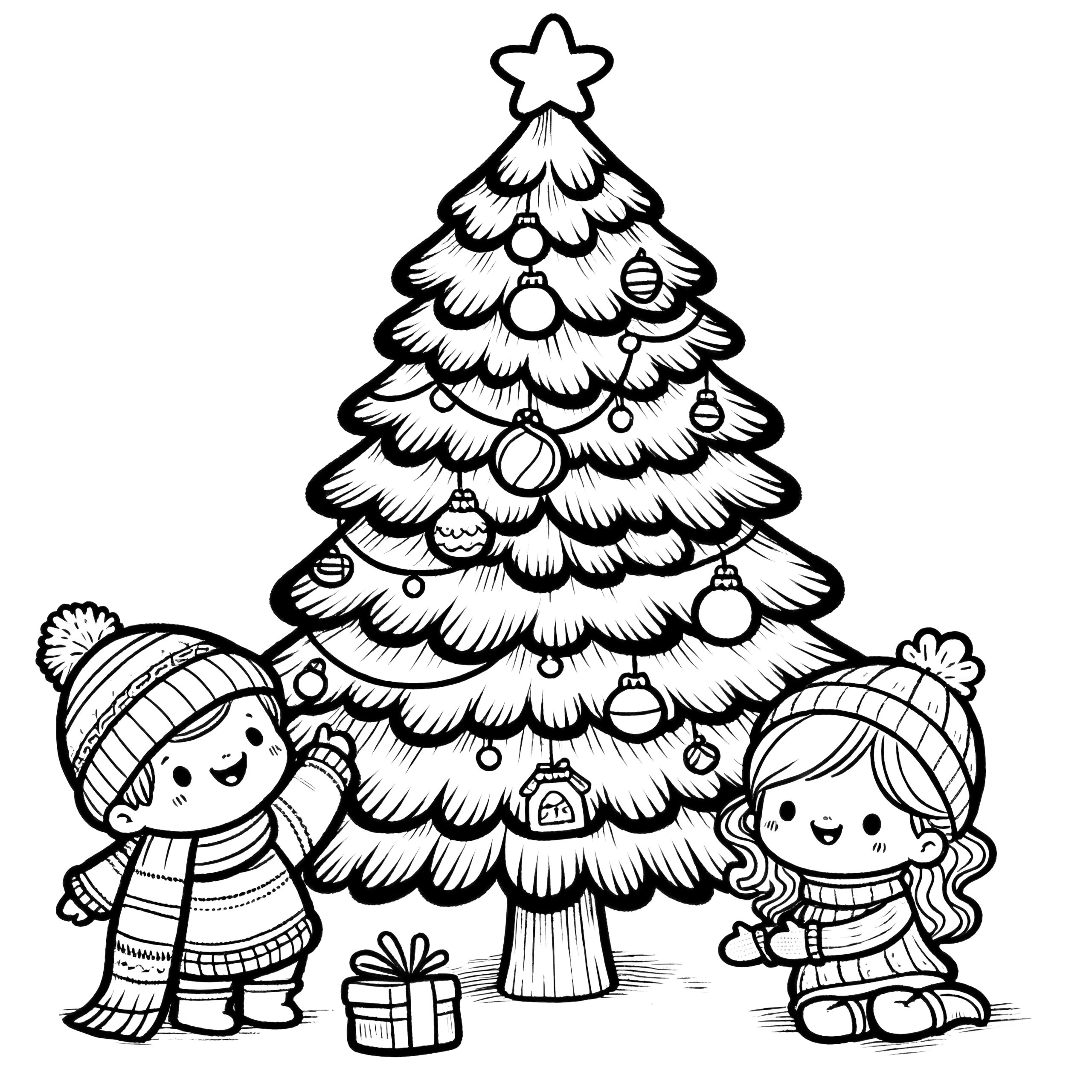 Christmas Tree With Two Children: Free Coloring Page with regard to Black And White Christmas Tree Printable
