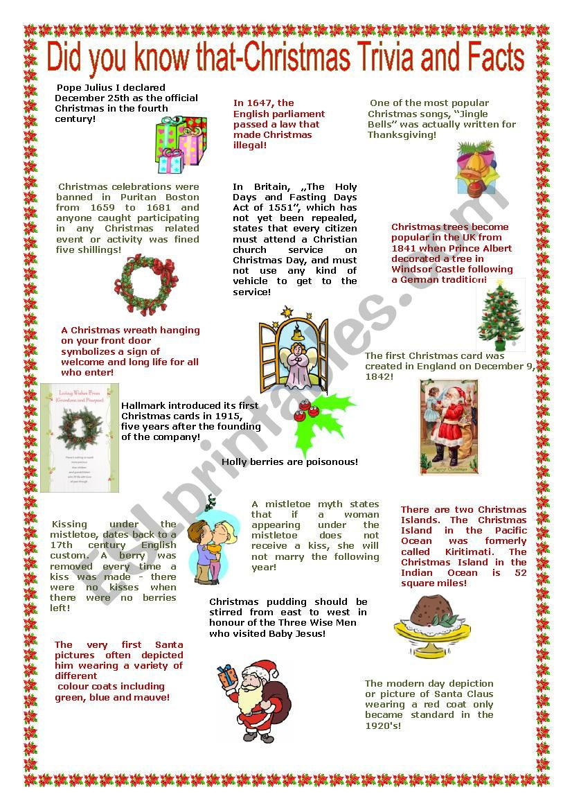 Christmas Trivia And Facts - Reuploaded - Esl Worksheetmayrose intended for Christmas Fun Facts Printable