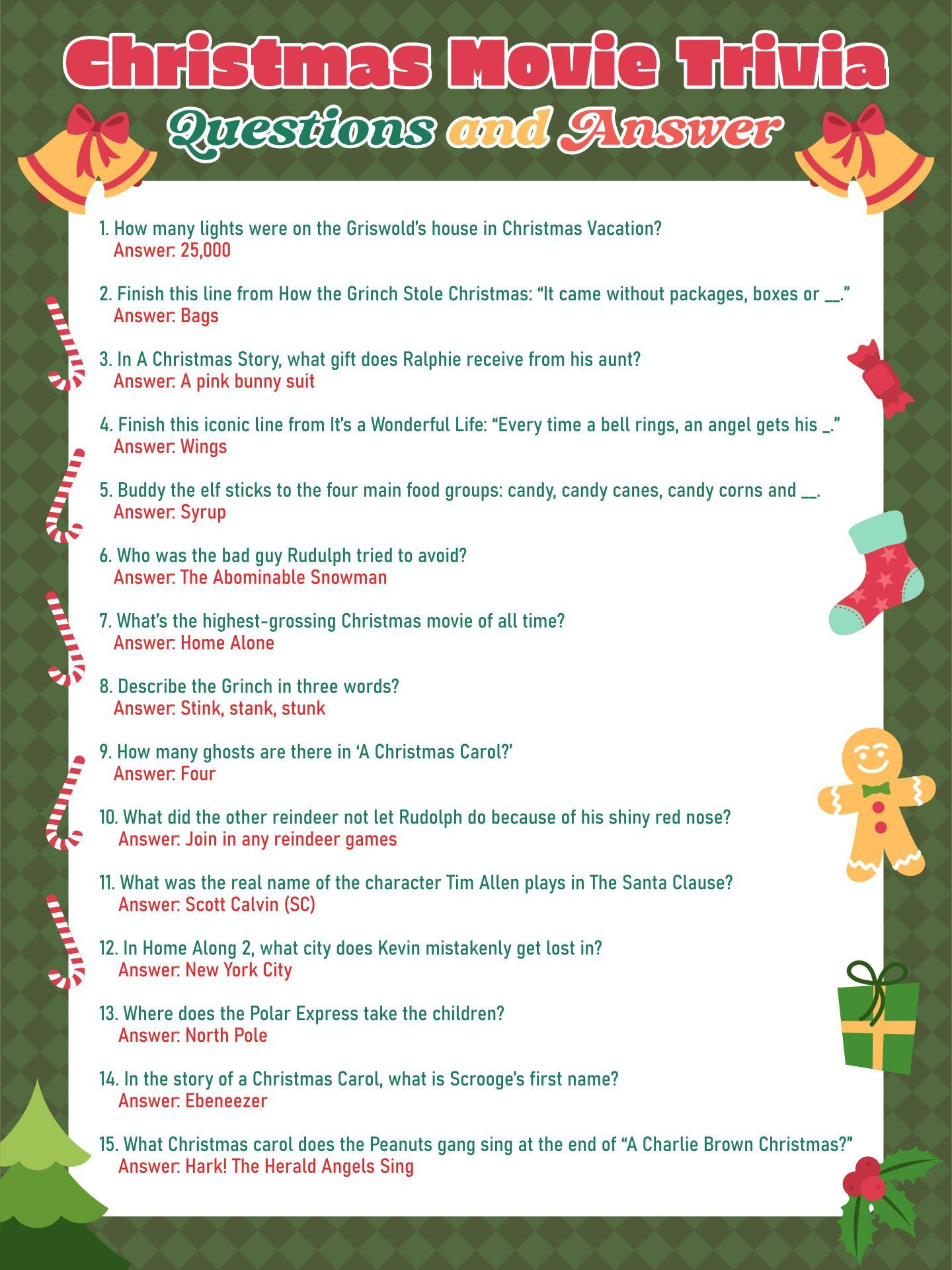 Christmas Trivia Questions - 15 Free Pdf Printables | Printablee for A Christmas Story Trivia Questions and Answers Printable