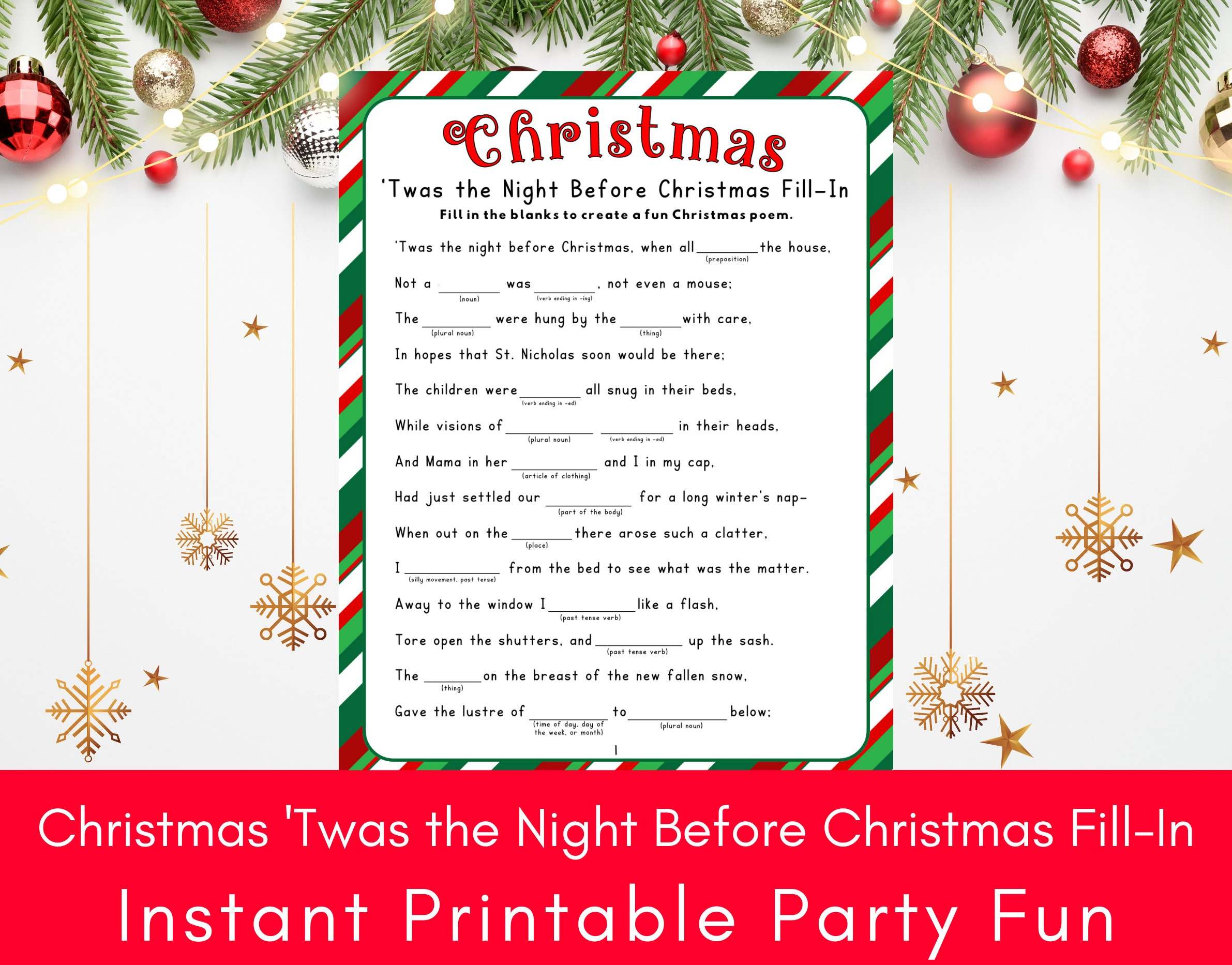Christmas &amp;#039;Twas The Night Before Christmas Fill-In, Printable Holiday Funny  Word Game, Christmas Word Games pertaining to Twas the Night Before Christmas Printable Game