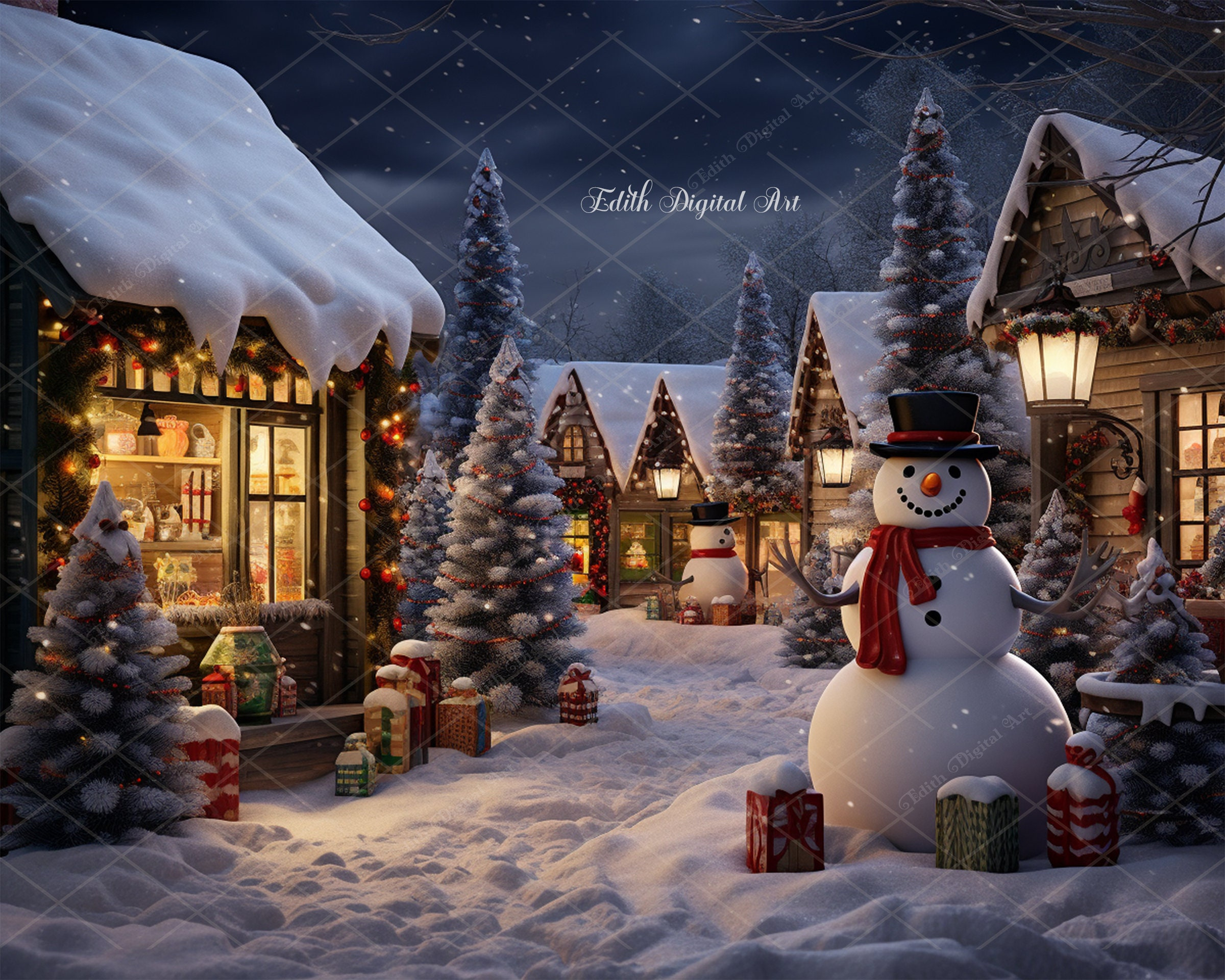 Christmas Village Background, Christmas Digital Backdrop, Snowman intended for Printable Christmas Village Backdrop