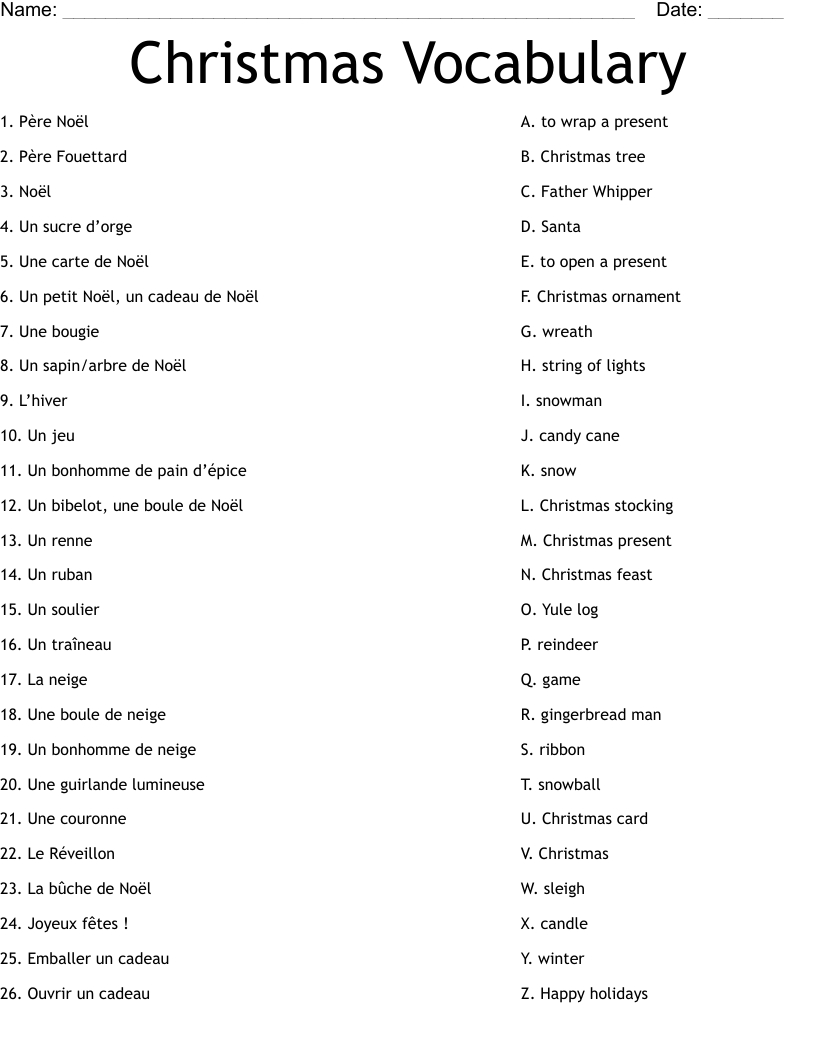 Christmas Vocabulary Worksheet - Wordmint within French Christmas Vocabulary Worksheets