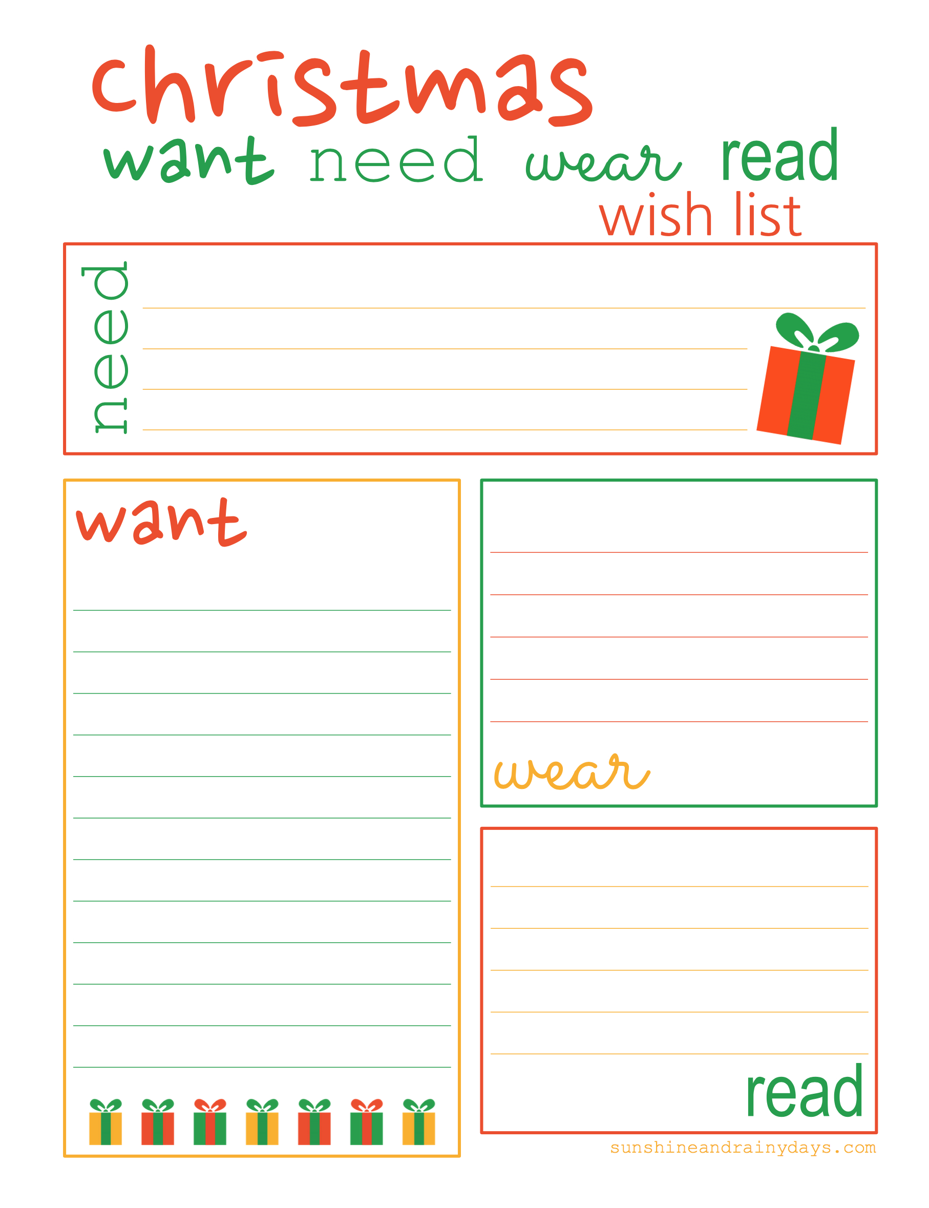 Christmas Want, Need, Wear, Read Shopping And Wish List in Want Need Wear Read Christmas List Printable Free