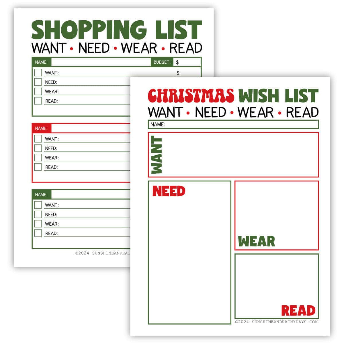 Christmas Want, Need, Wear, Read Shopping And Wish List - Sunshine intended for Want Need Wear Read Christmas List Printable Free