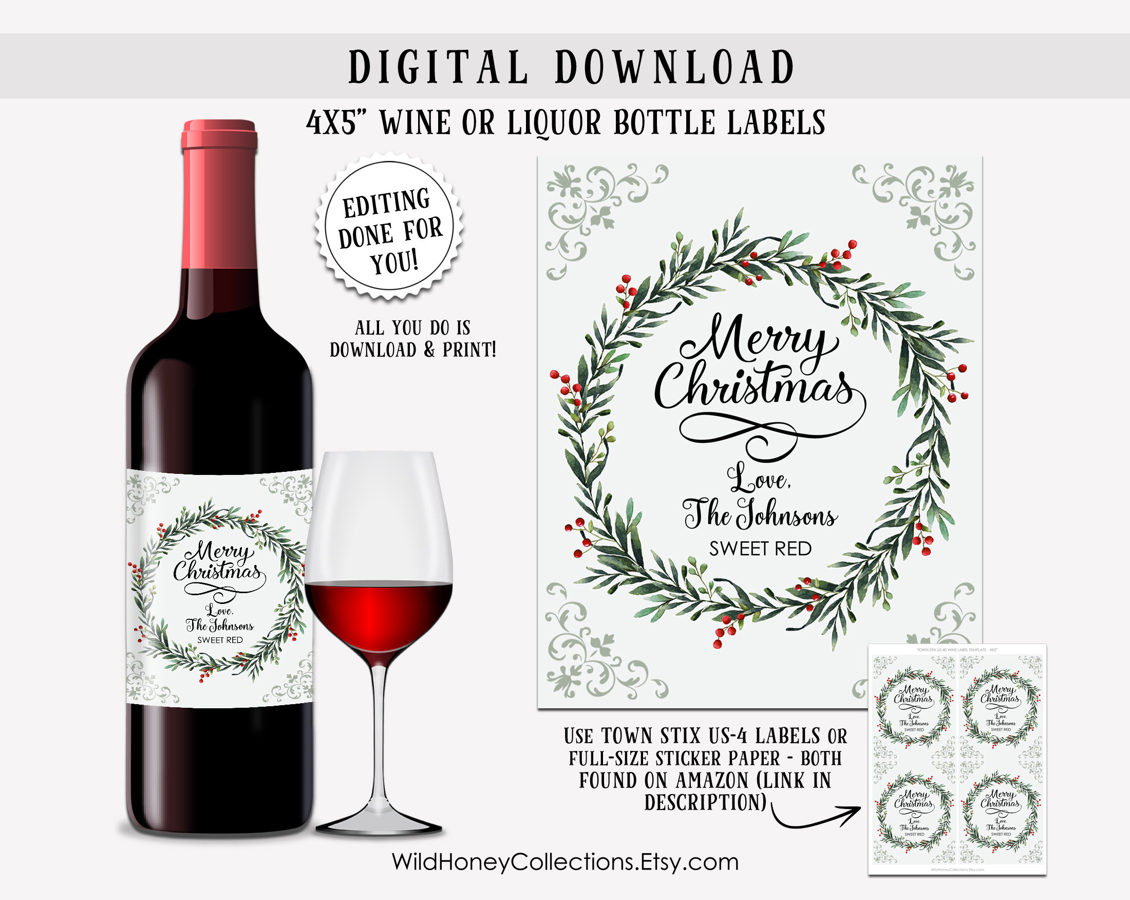 Christmas Wine Bottle Labels, Printable Labels, Personalized For throughout Christmas Bottle Labels Printable