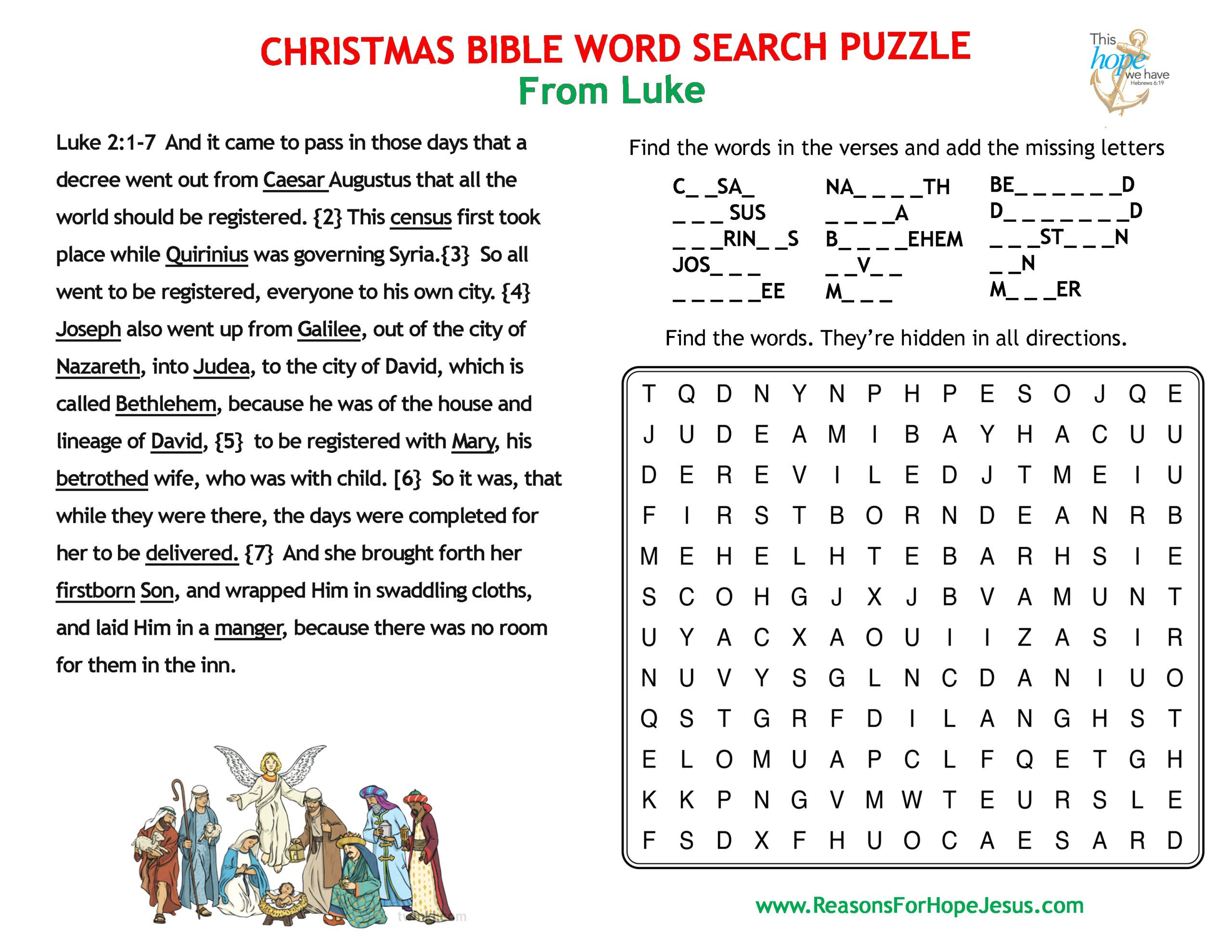 Christmas Word Search Puzzle From Luke » Reasons For Hope* Jesus for Christmas Bible Word Search