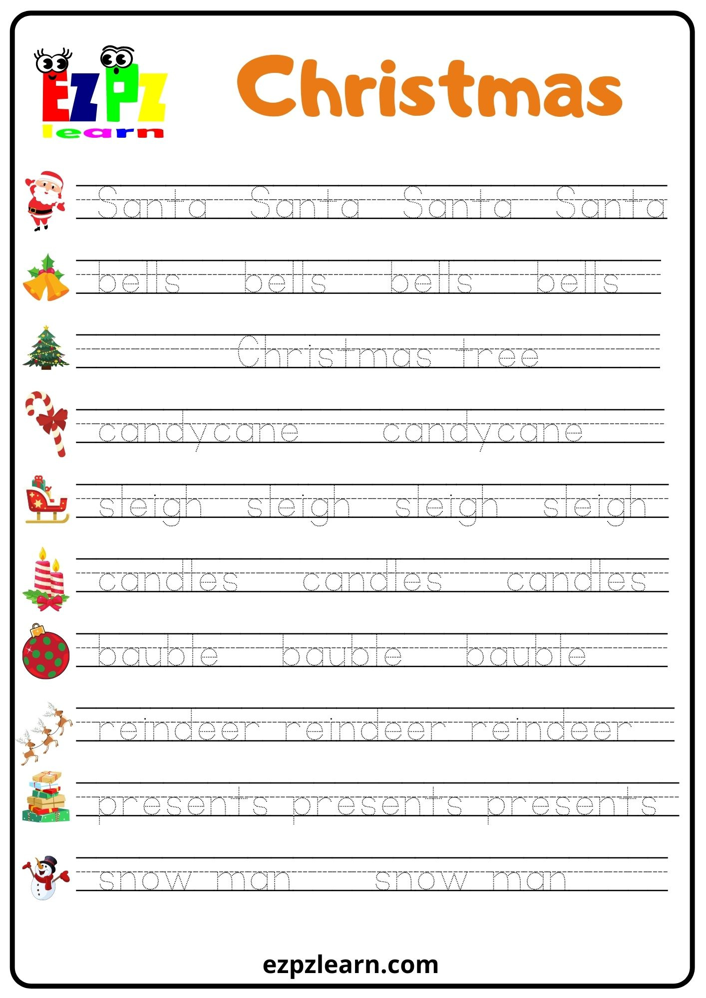 Christmas Word Tracing Worksheet - Ezpzlearn regarding Christmas Line Tracing Worksheets