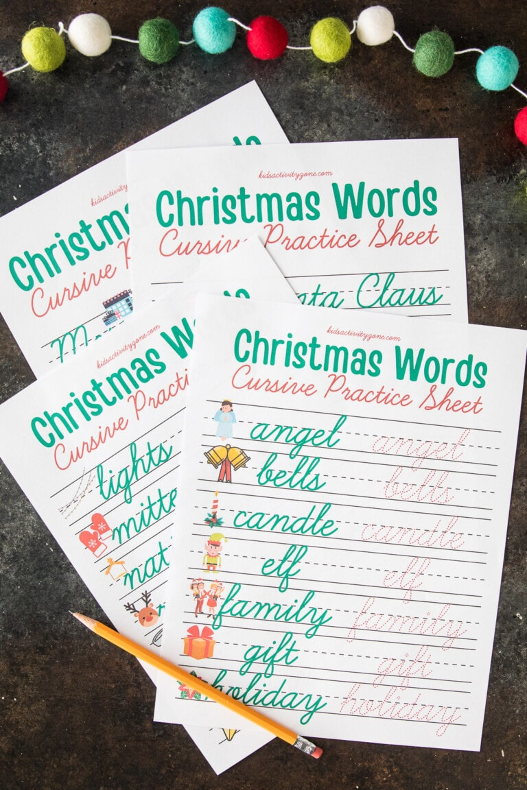 Christmas Words Cursive Practice Sheets - Kids Activity Zone pertaining to Christmas Cursive Handwriting Worksheets