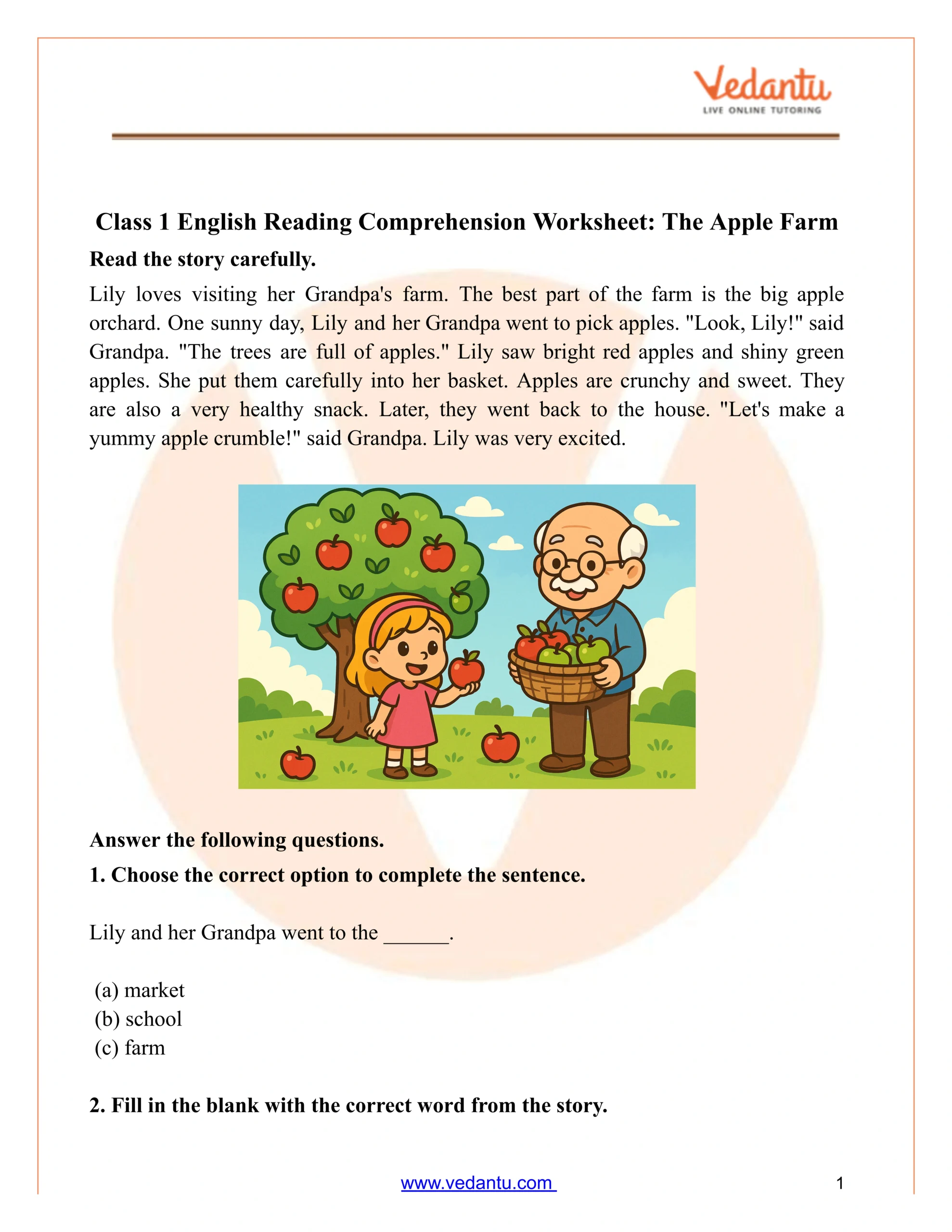 Class 1 Reading Comprehension Worksheet – Apples Story Pdf inside Free Printable Short Stories with Comprehension Questions