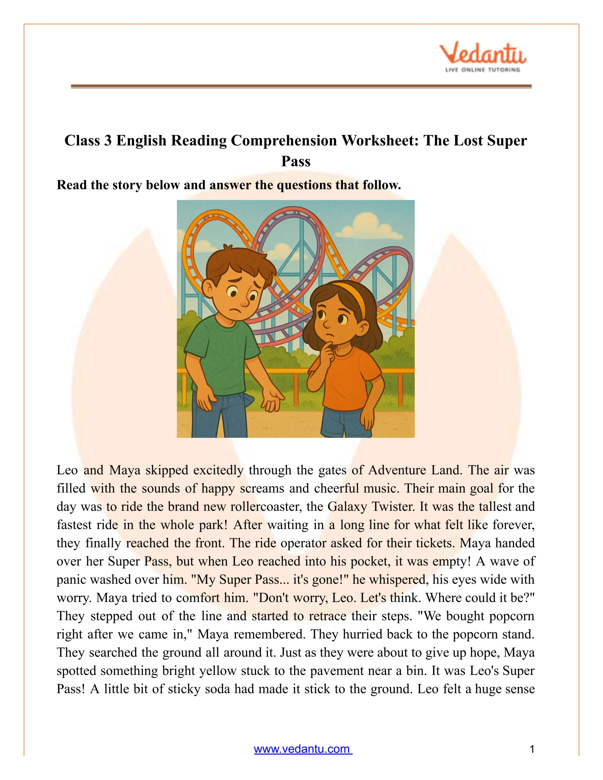 Class 3 Reading Comprehension Worksheet: Amusement Park Story Pdf with Free Printable Short Stories For Grade 3