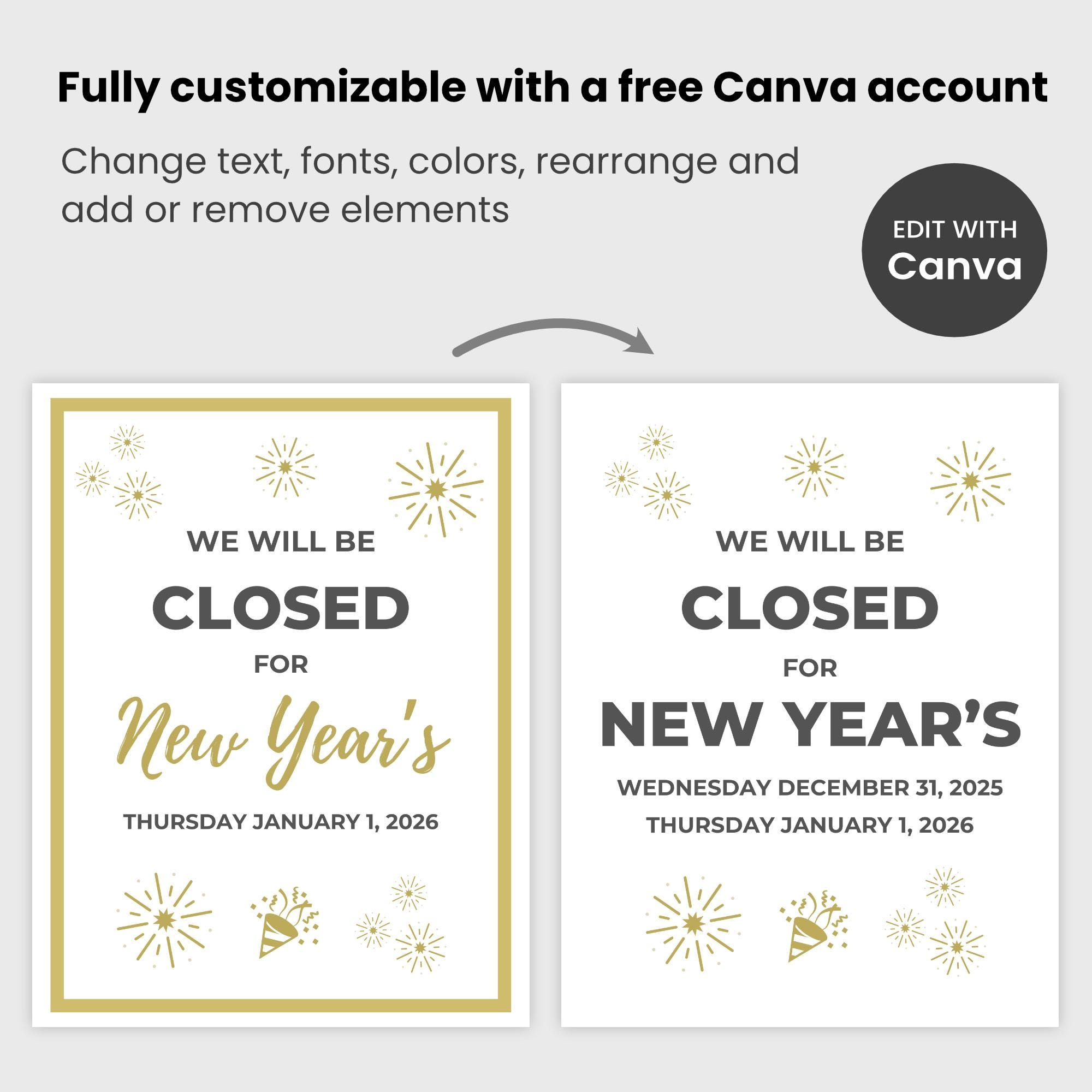 Closed For New Years Sign, Holiday Closed Sign For Business, Store with Closed For New Years 2026 Sign Printable