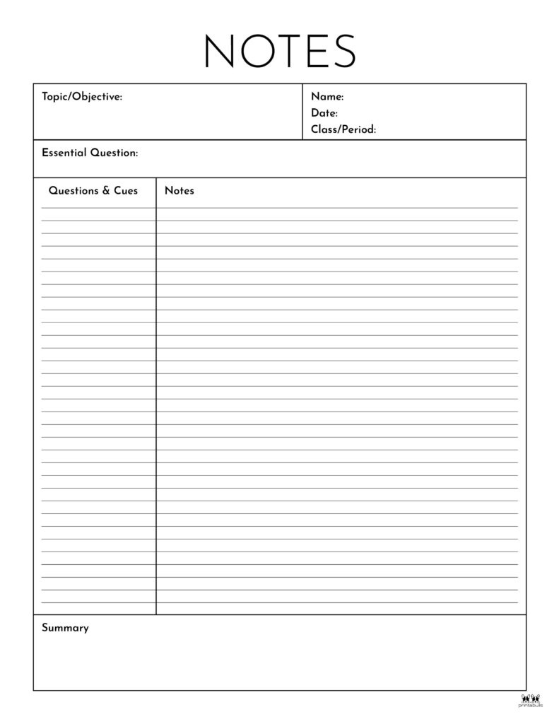 Cornell Notes Templates - 15 Free Printables | Printabulls in Free Printable School Notes