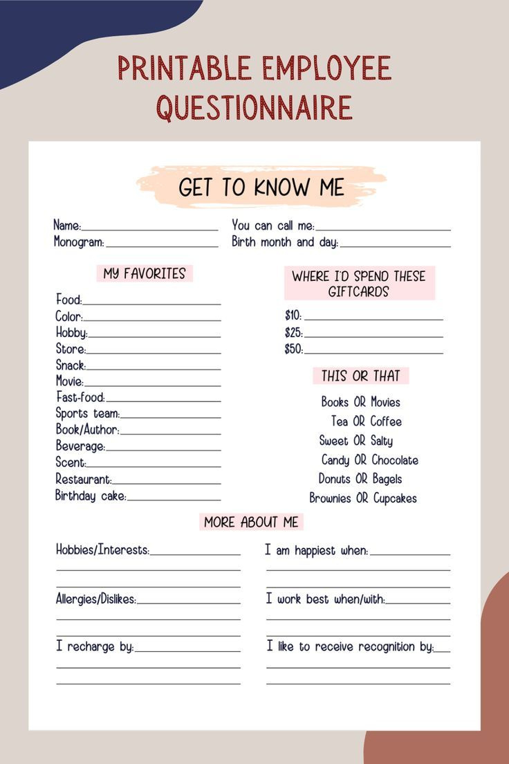 Coworker Questions Printable, All About Me Employee Questionnaire with regard to Coworkers Printable Getting to Know Your Employees Questionnaire Template