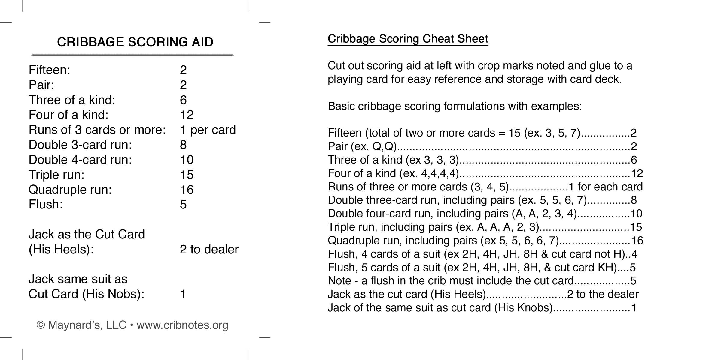Cribbage Scoring Aid | Crib Notes for Cribbage Scoring Chart Printable