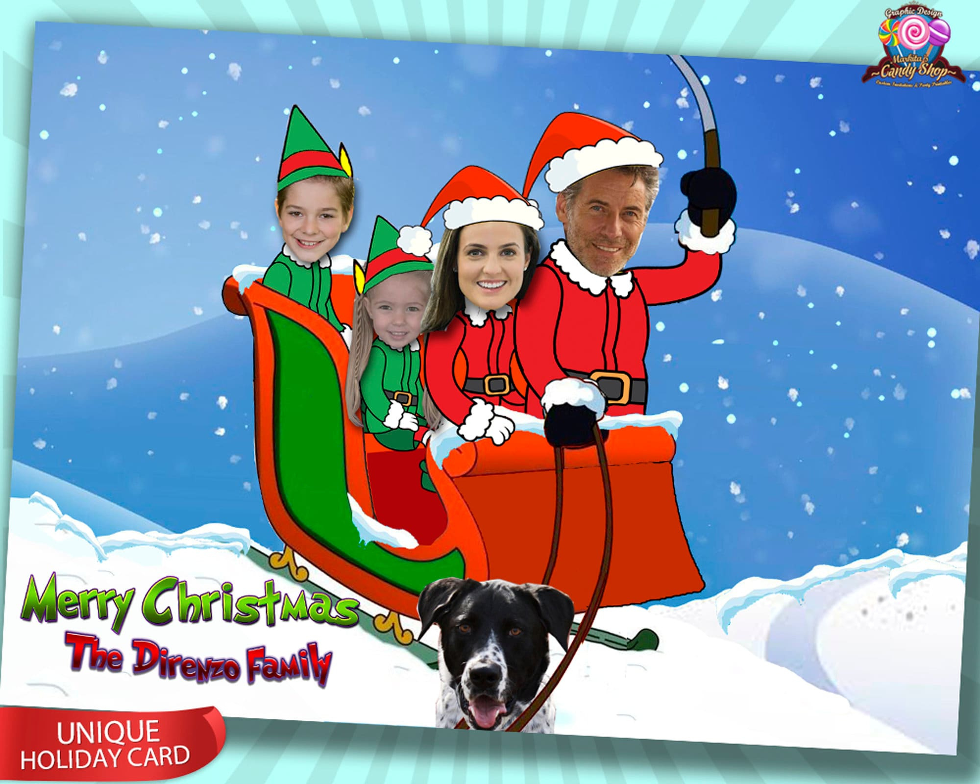 Custom Santa & Elf Christmas Card | Personalized Holiday Cartoon with Christmas Card Template Insert Face